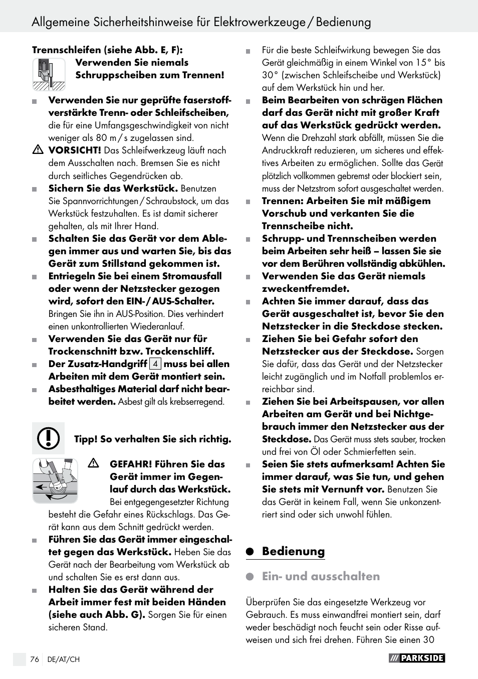 Bedienung ein- und ausschalten | Parkside PWS 125 A1 User Manual | Page 76 / 82