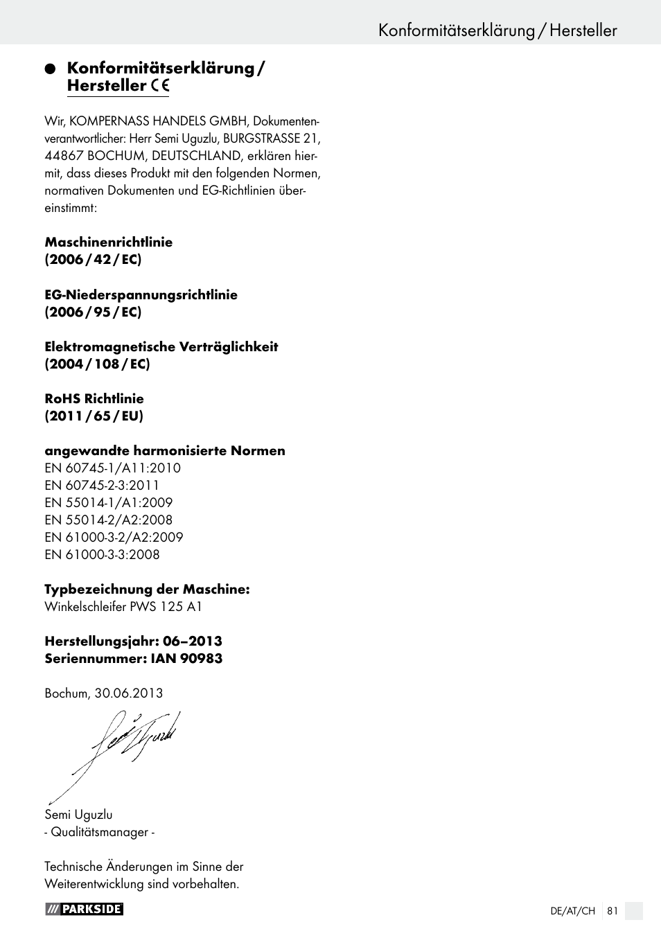 Parkside PWS 125 A1 User Manual | Page 81 / 82