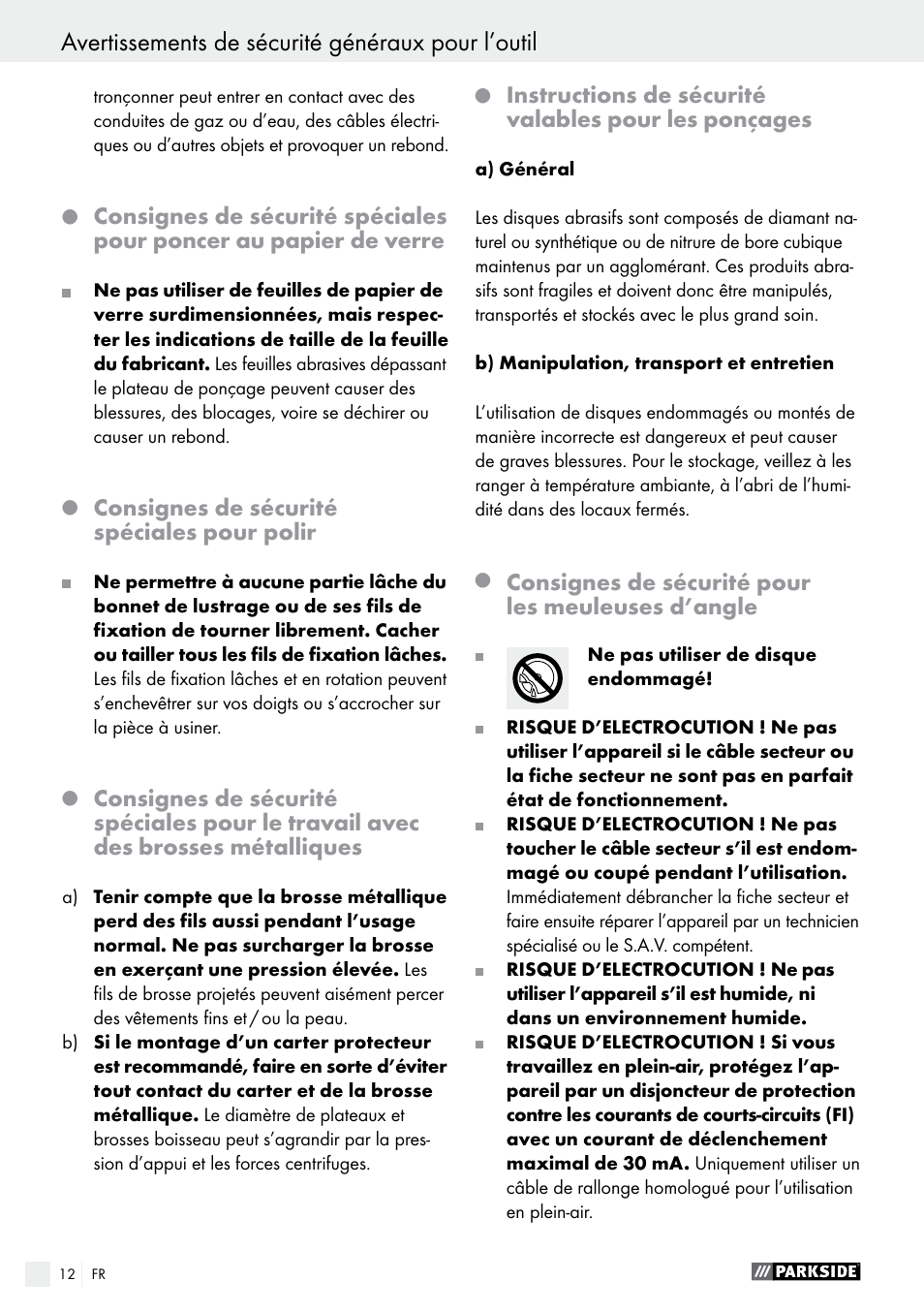 Avertissements de sécurité généraux pour l’outil | Parkside PWS 125 A1 User Manual | Page 12 / 51