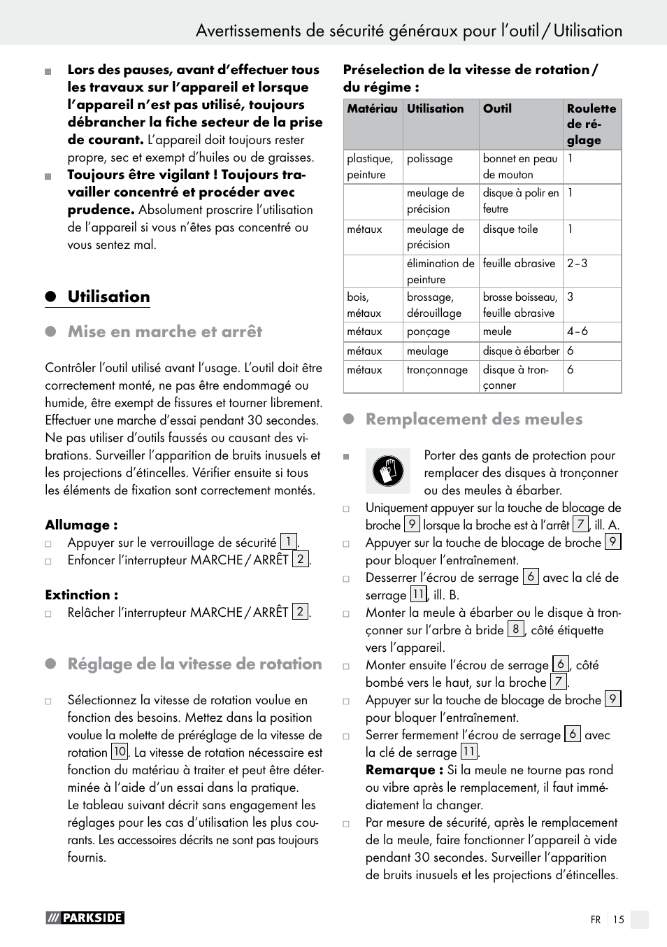 Utilisation, Mise en marche et arrêt, Réglage de la vitesse de rotation | Remplacement des meules | Parkside PWS 125 A1 User Manual | Page 15 / 51