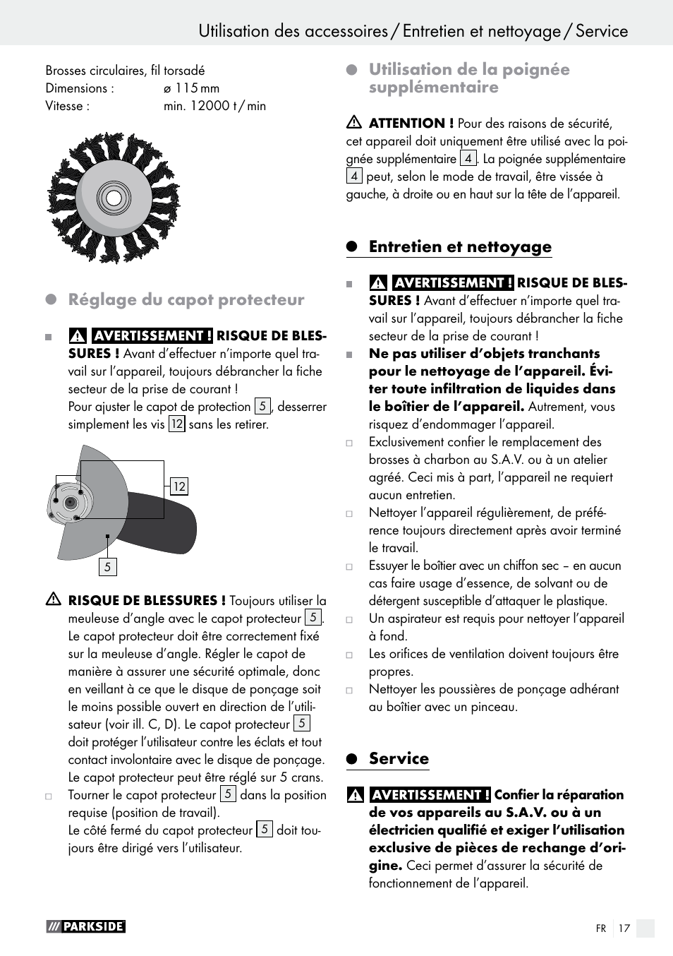 Réglage du capot protecteur, Utilisation de la poignée supplémentaire, Entretien et nettoyage | Service | Parkside PWS 125 A1 User Manual | Page 17 / 51