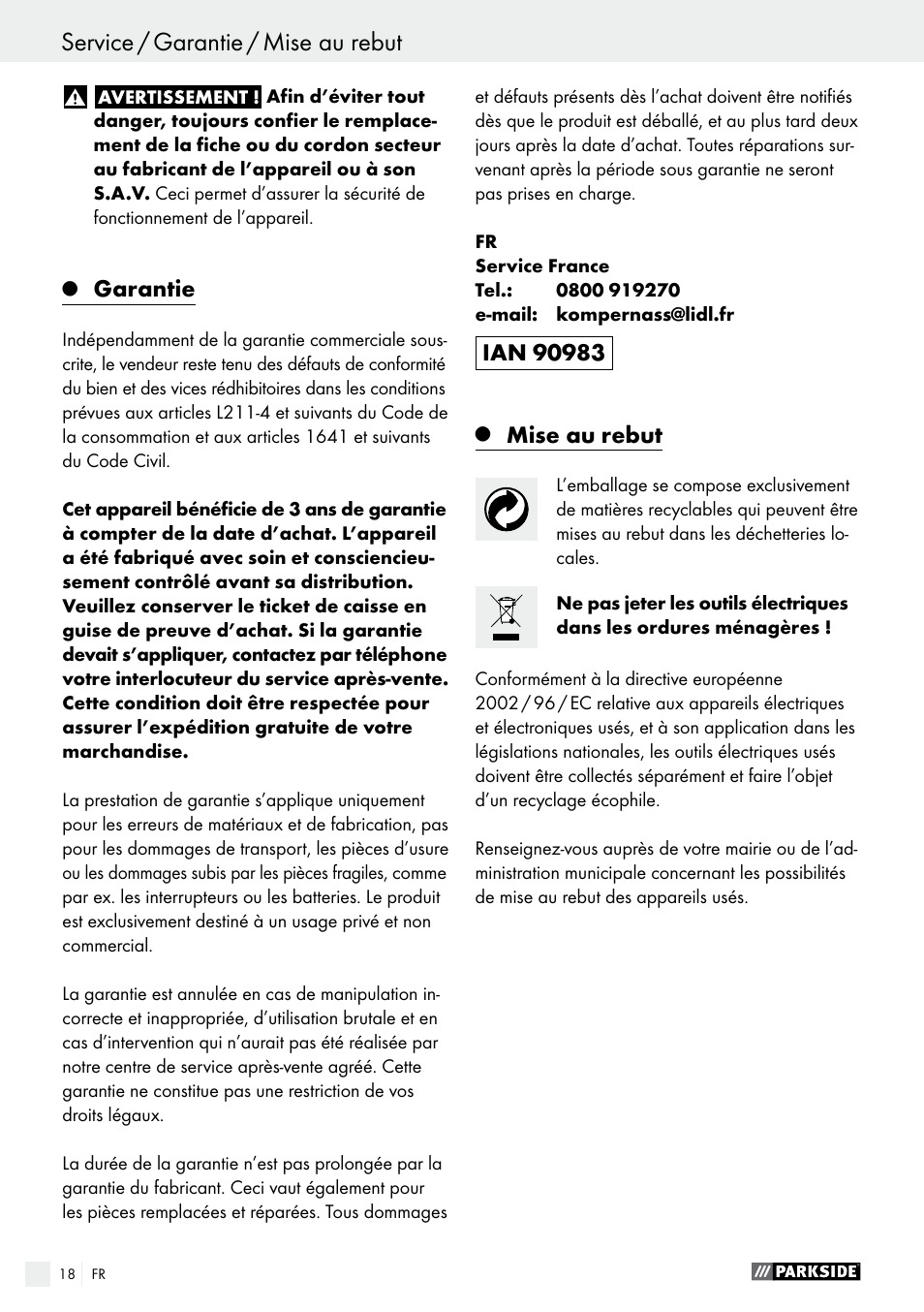 Garantie, Mise au rebut | Parkside PWS 125 A1 User Manual | Page 18 / 51