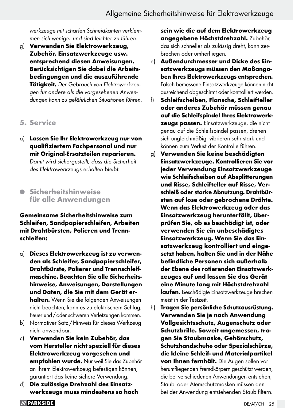 Service, Sicherheitshinweise für alle anwendungen | Parkside PWS 125 A1 User Manual | Page 25 / 51