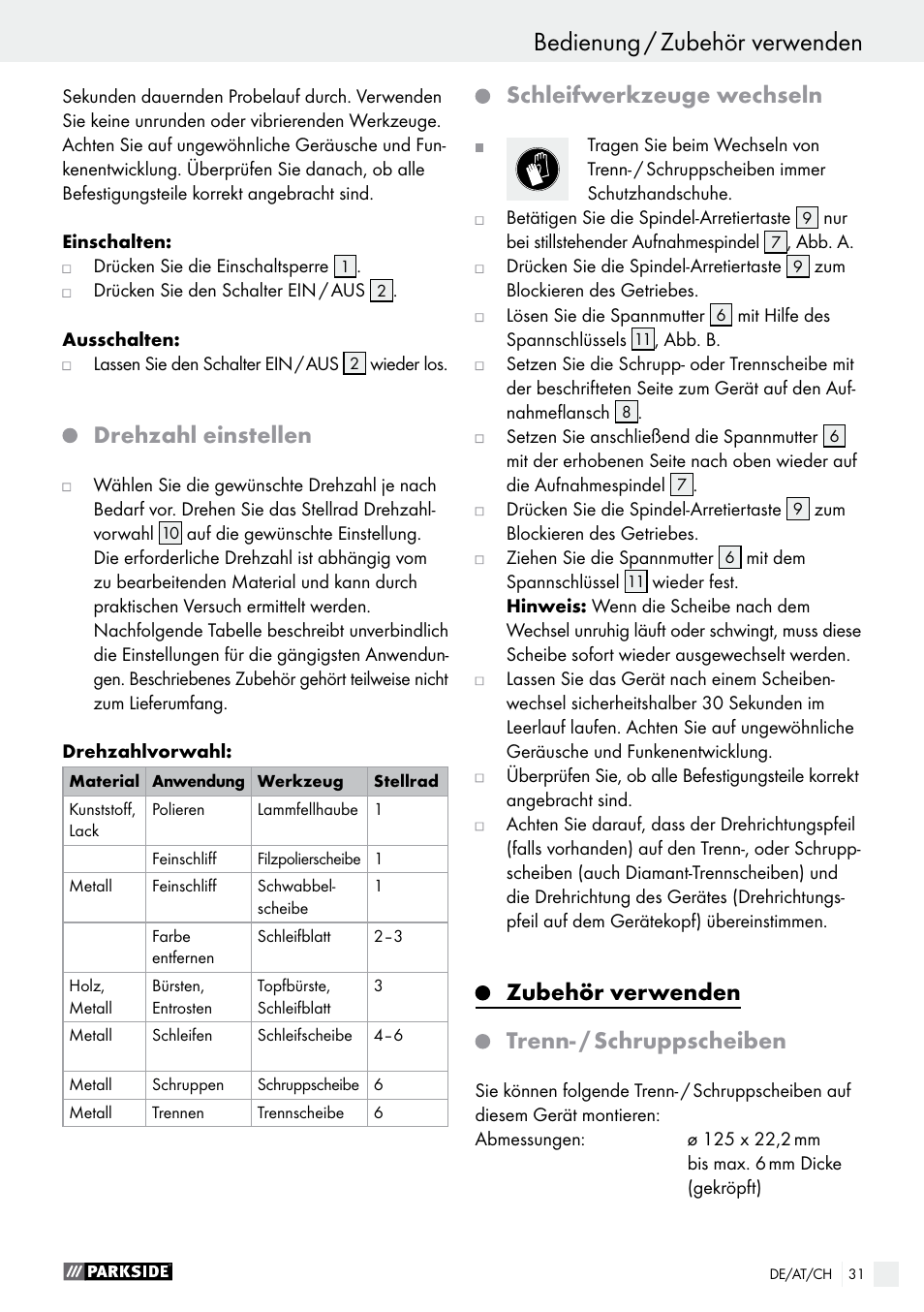 Drehzahl einstellen, Schleifwerkzeuge wechseln, Zubehör verwenden | Trenn- / schruppscheiben | Parkside PWS 125 A1 User Manual | Page 31 / 51