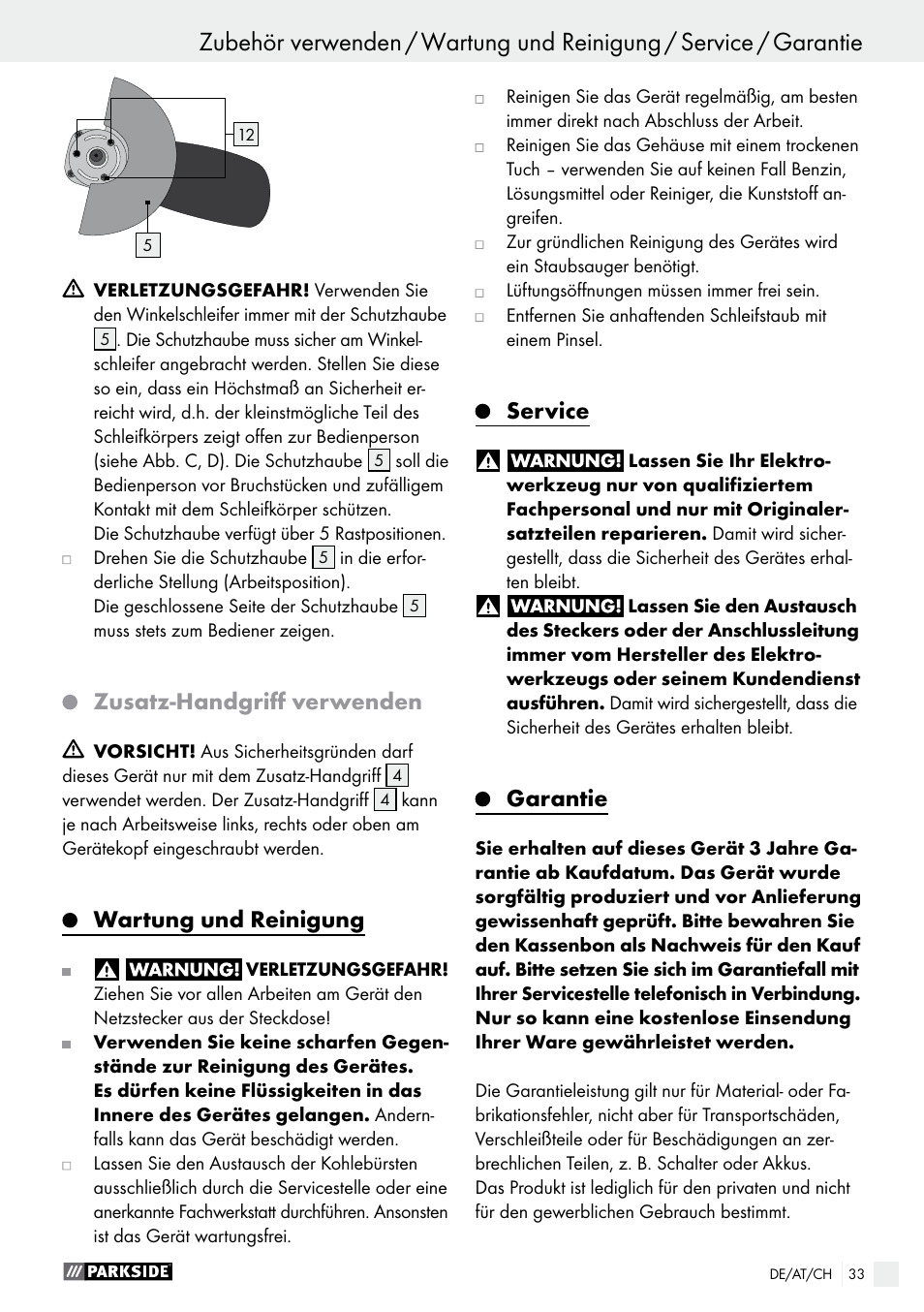 Zubehör verwenden, Zusatz-handgriff verwenden, Wartung und reinigung | Service, Garantie | Parkside PWS 125 A1 User Manual | Page 33 / 51