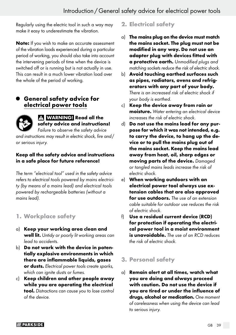 General safety advice for electrical power tools, Workplace safety, Electrical safety | Personal safety | Parkside PWS 125 A1 User Manual | Page 39 / 51