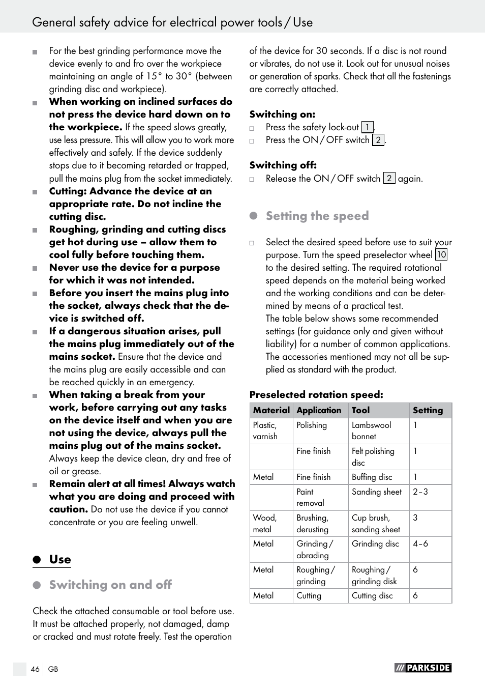 Use / use of accessories, Switching on and off, Setting the speed | Parkside PWS 125 A1 User Manual | Page 46 / 51