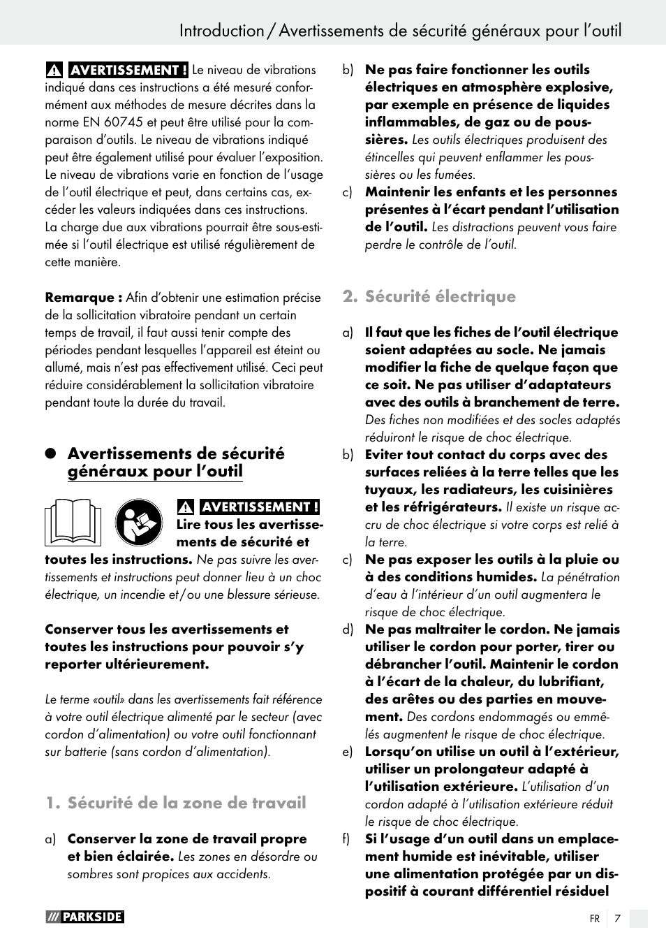 Avertissements de sécurité généraux pour l’outil, Sécurité de la zone de travail, Sécurité électrique | Parkside PWS 125 A1 User Manual | Page 7 / 51