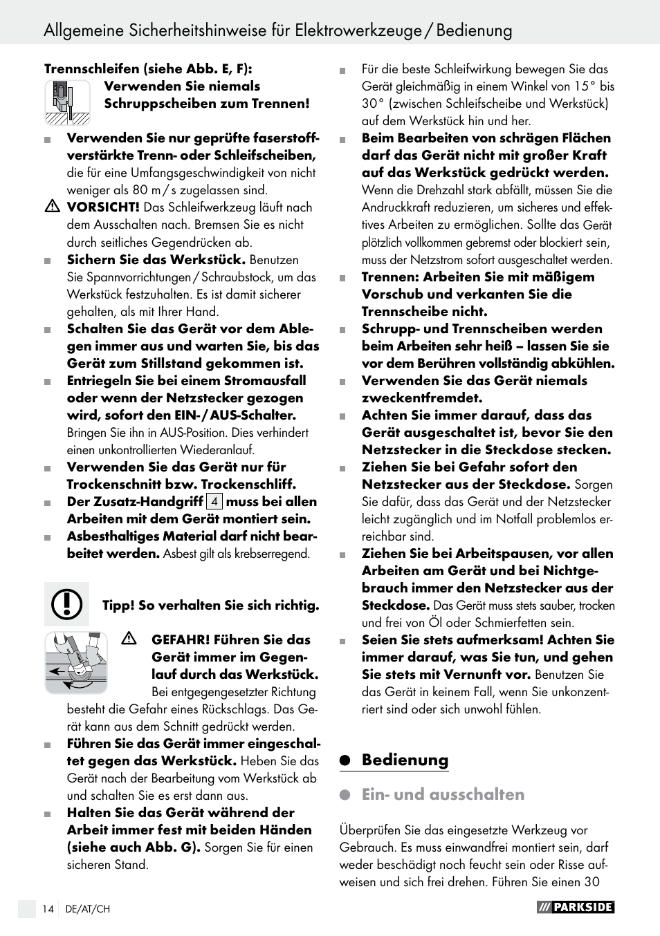 Bedienung ein- und ausschalten | Parkside PWS 125 A1 User Manual | Page 14 / 67