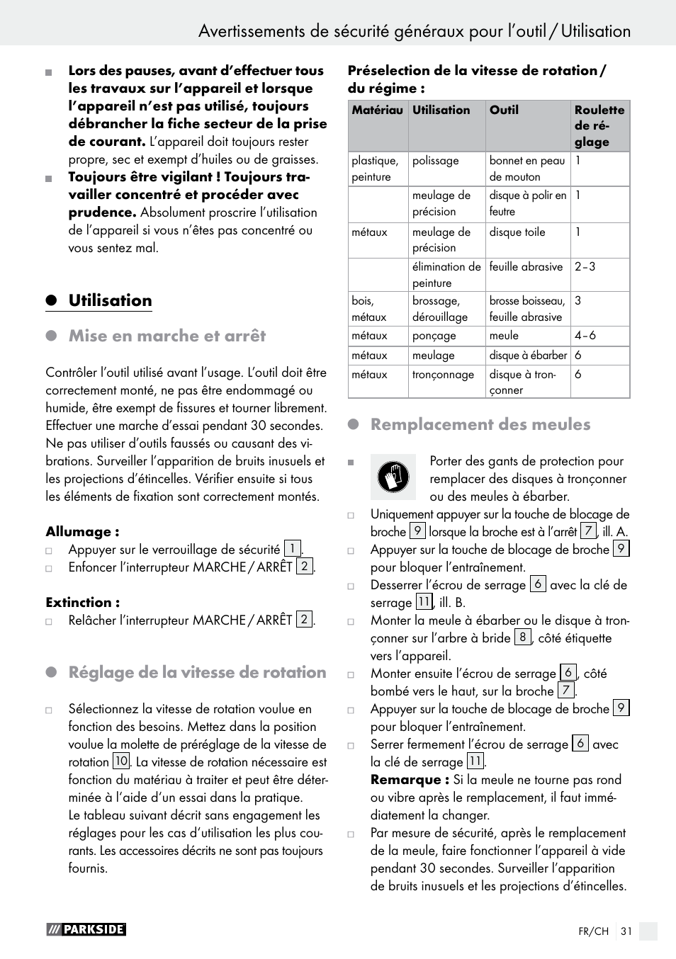 Utilisation, Mise en marche et arrêt, Réglage de la vitesse de rotation | Remplacement des meules | Parkside PWS 125 A1 User Manual | Page 31 / 67