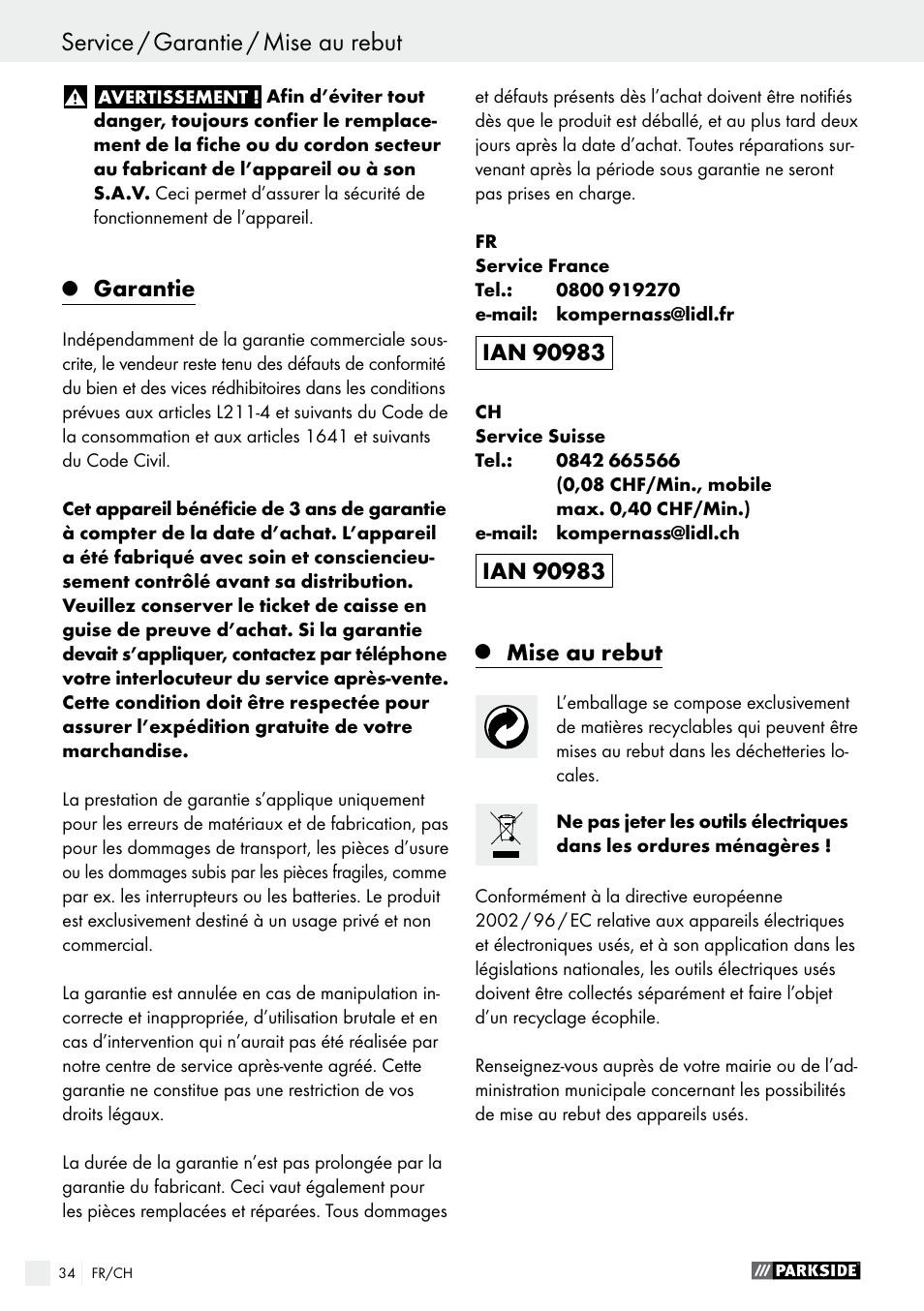 Garantie, Mise au rebut | Parkside PWS 125 A1 User Manual | Page 34 / 67