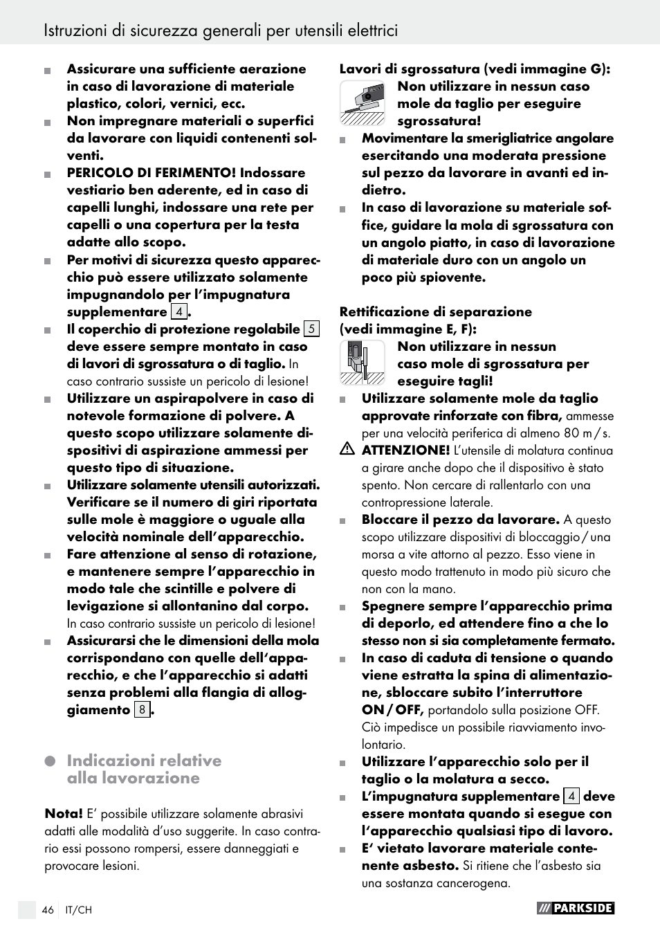 Indicazioni relative alla lavorazione | Parkside PWS 125 A1 User Manual | Page 46 / 67