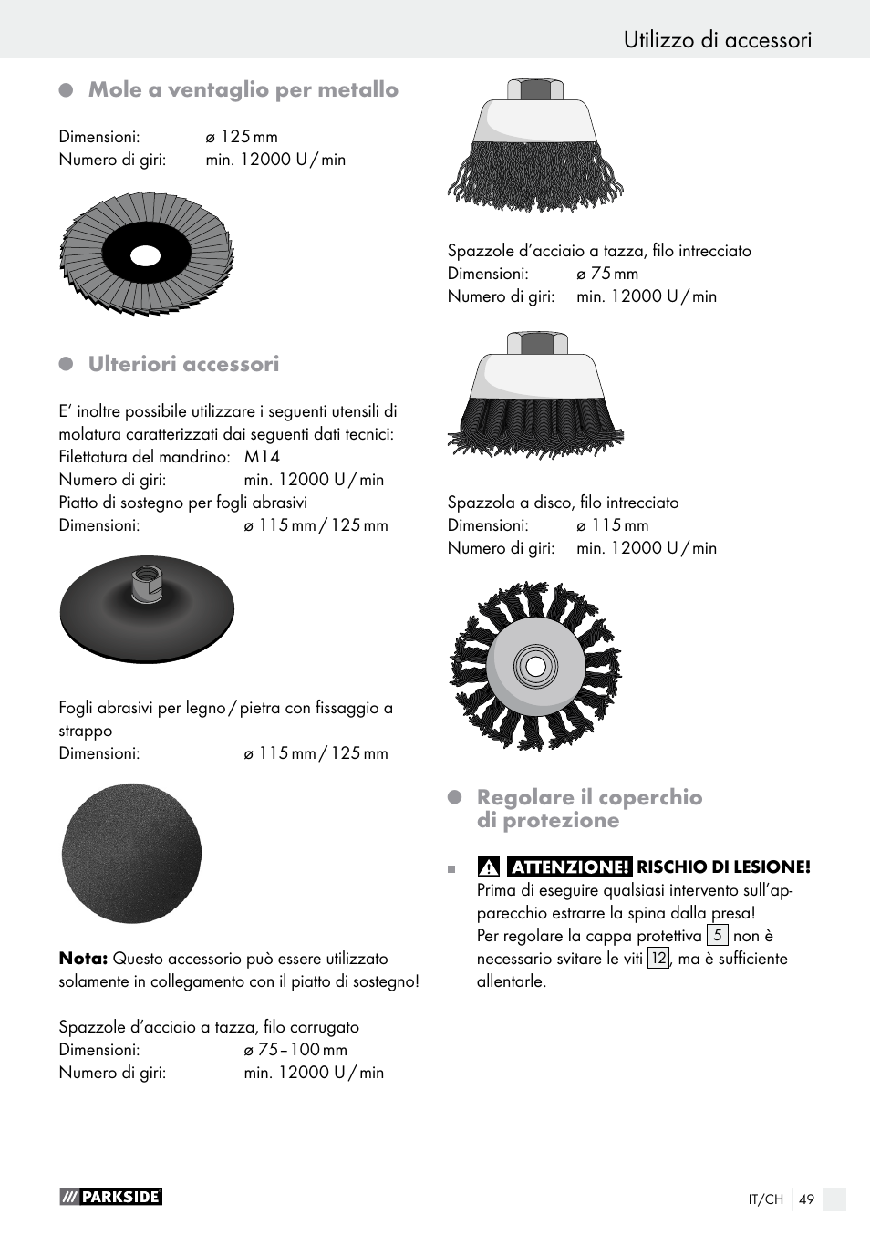 Mole a ventaglio per metallo, Ulteriori accessori, Regolare il coperchio di protezione | Parkside PWS 125 A1 User Manual | Page 49 / 67