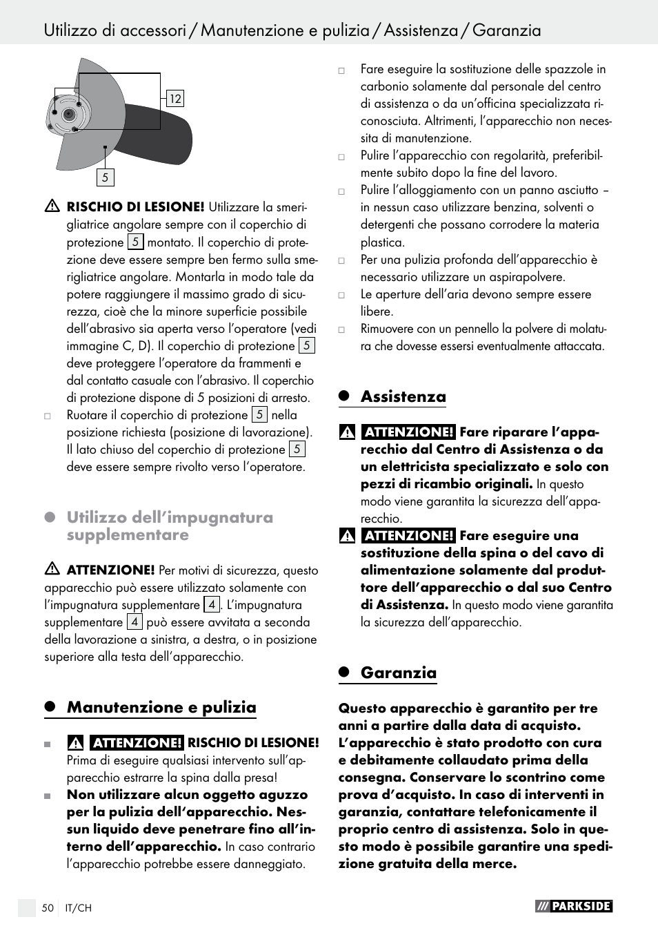 Utilizzo dell’impugnatura supplementare, Manutenzione e pulizia, Assistenza | Garanzia | Parkside PWS 125 A1 User Manual | Page 50 / 67