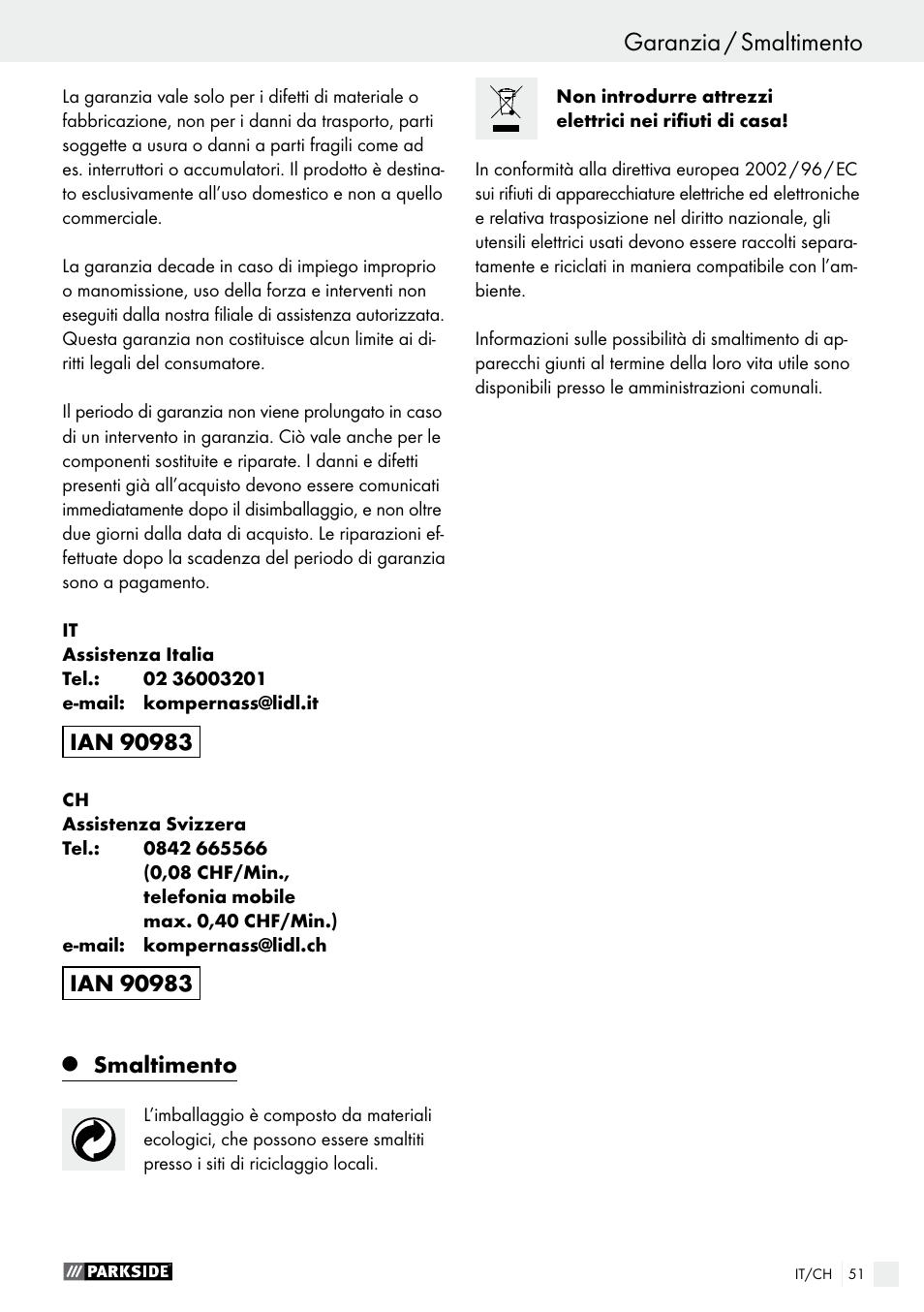 Smaltimento | Parkside PWS 125 A1 User Manual | Page 51 / 67