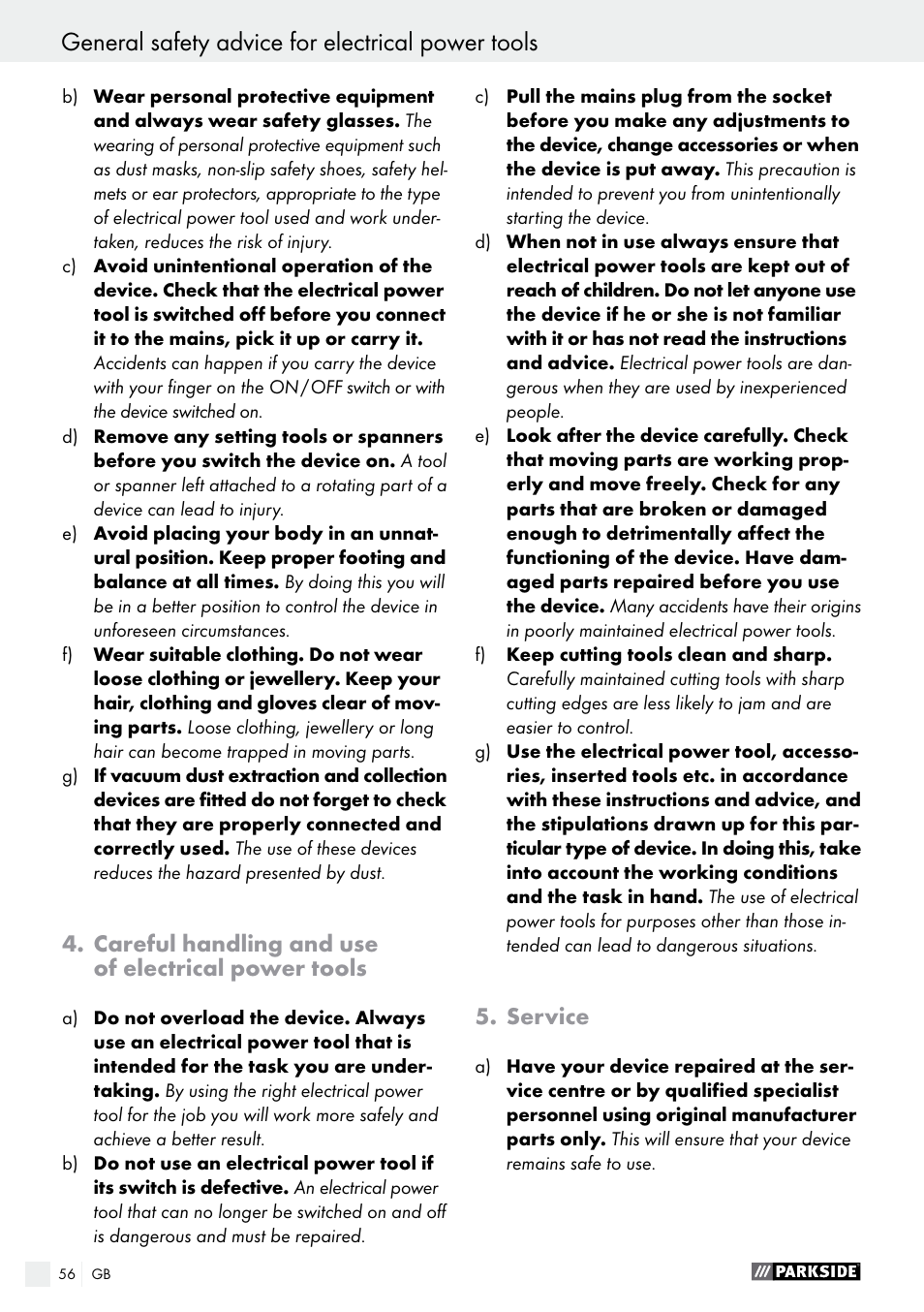 General safety advice for electrical power tools, Careful handling and use of electrical power tools, Service | Parkside PWS 125 A1 User Manual | Page 56 / 67