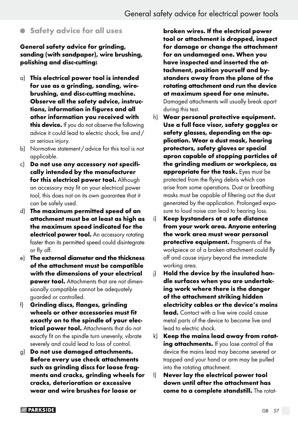 General safety advice for electrical power tools, Safety advice for all uses | Parkside PWS 125 A1 User Manual | Page 57 / 67
