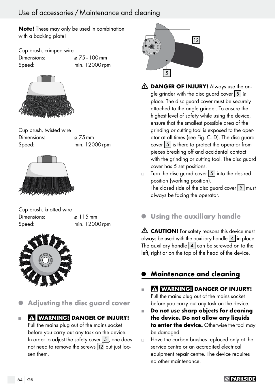 Adjusting the disc guard cover, Using the auxiliary handle, Maintenance and cleaning | Parkside PWS 125 A1 User Manual | Page 64 / 67