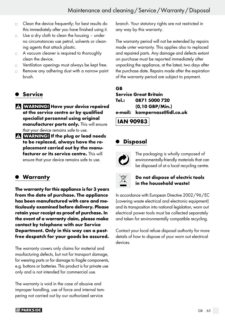 Service, Warranty, Disposal | Parkside PWS 125 A1 User Manual | Page 65 / 67