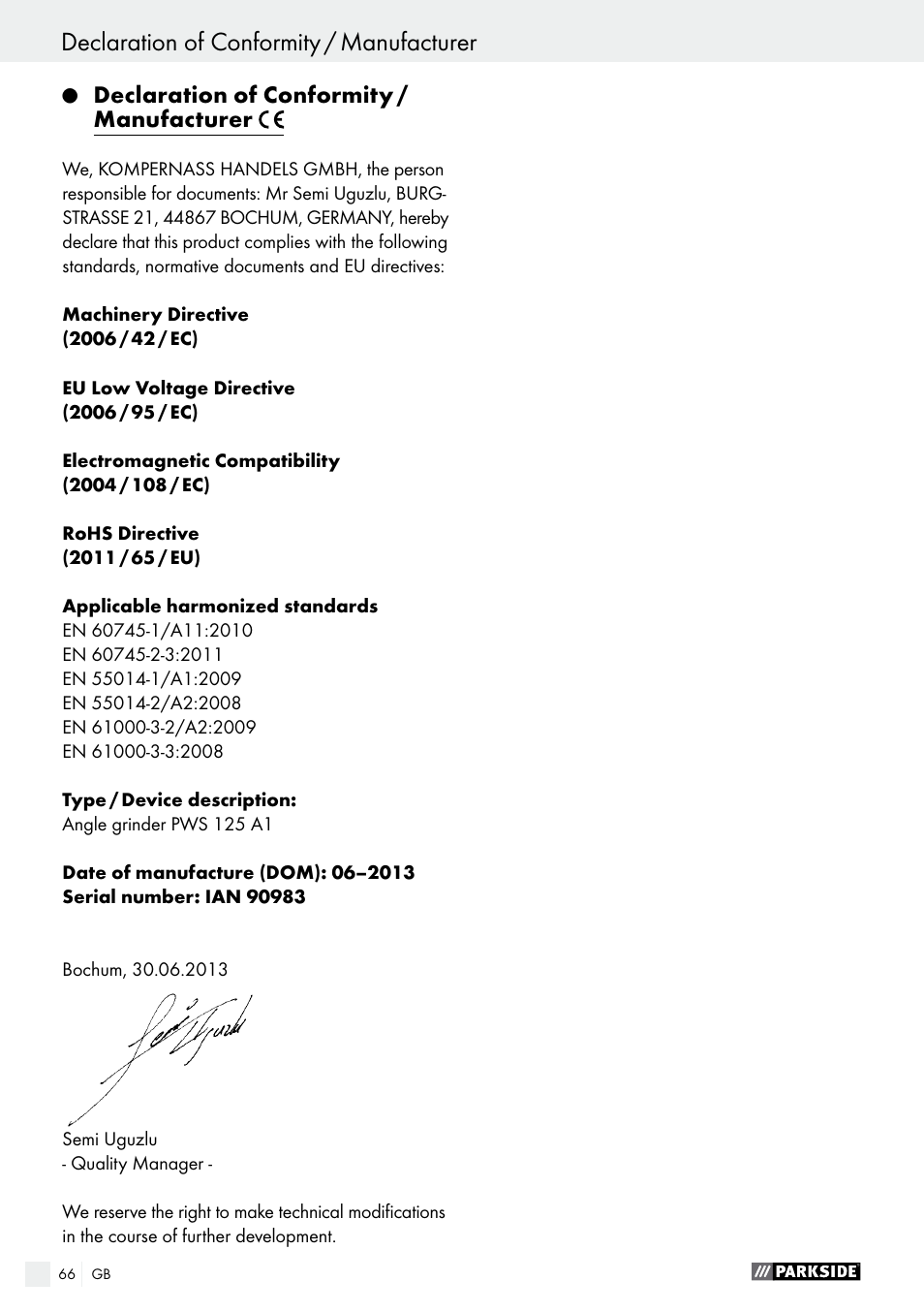 Declaration of conformity / manufacturer | Parkside PWS 125 A1 User Manual | Page 66 / 67