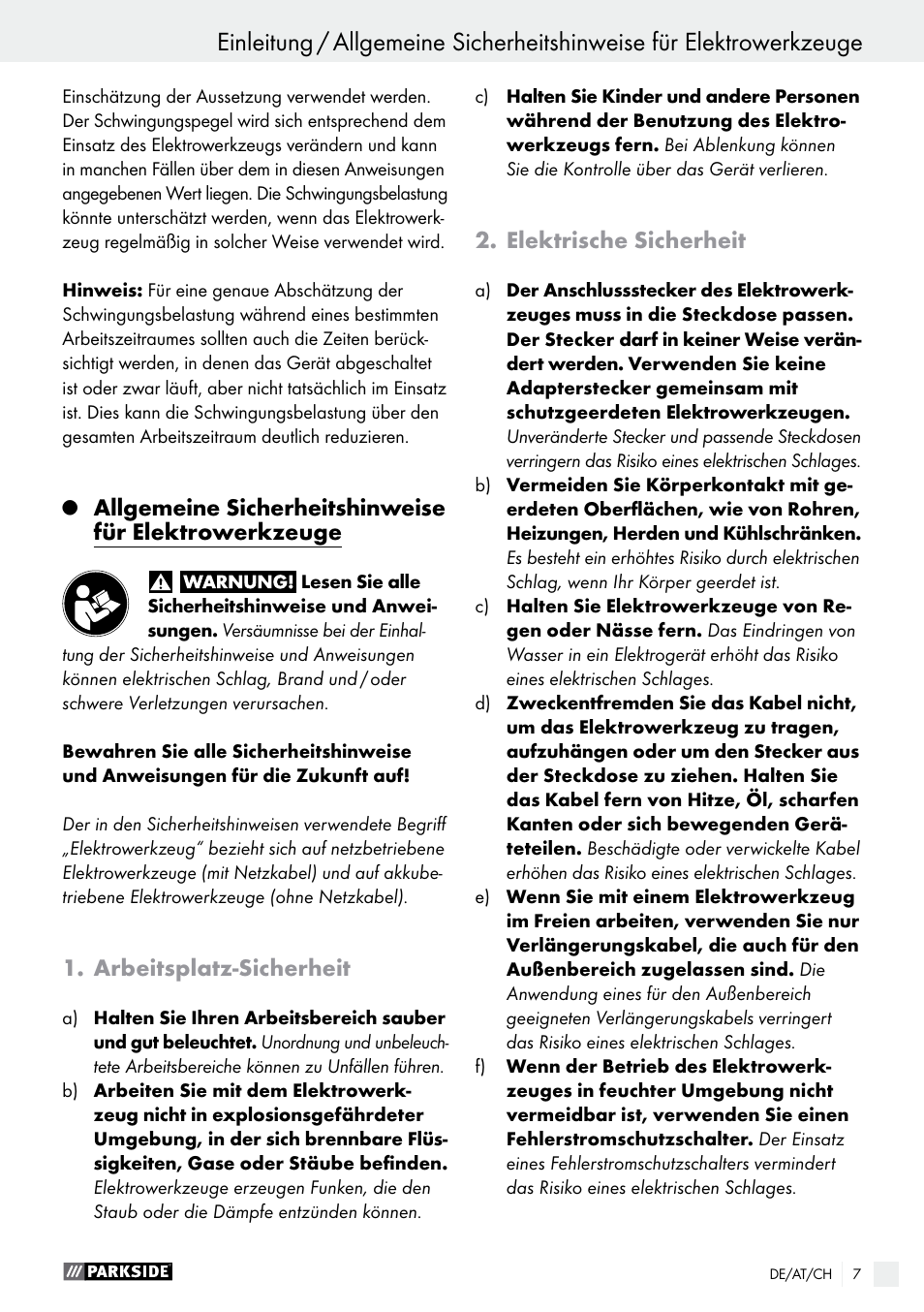 Arbeitsplatz-sicherheit, Elektrische sicherheit | Parkside PWS 125 A1 User Manual | Page 7 / 67