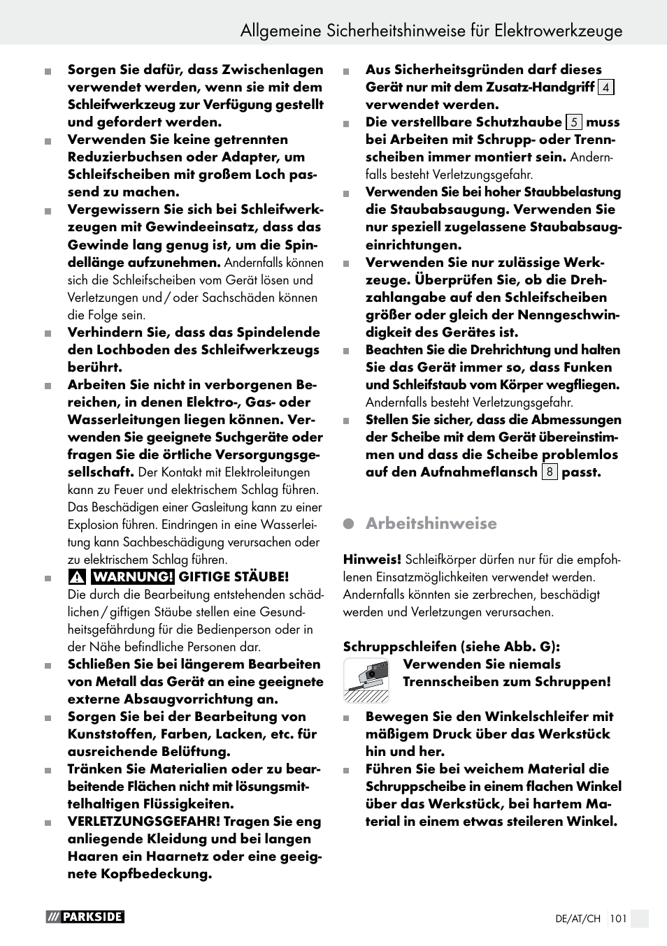 Arbeitshinweise | Parkside PWS 125 A1 User Manual | Page 101 / 108