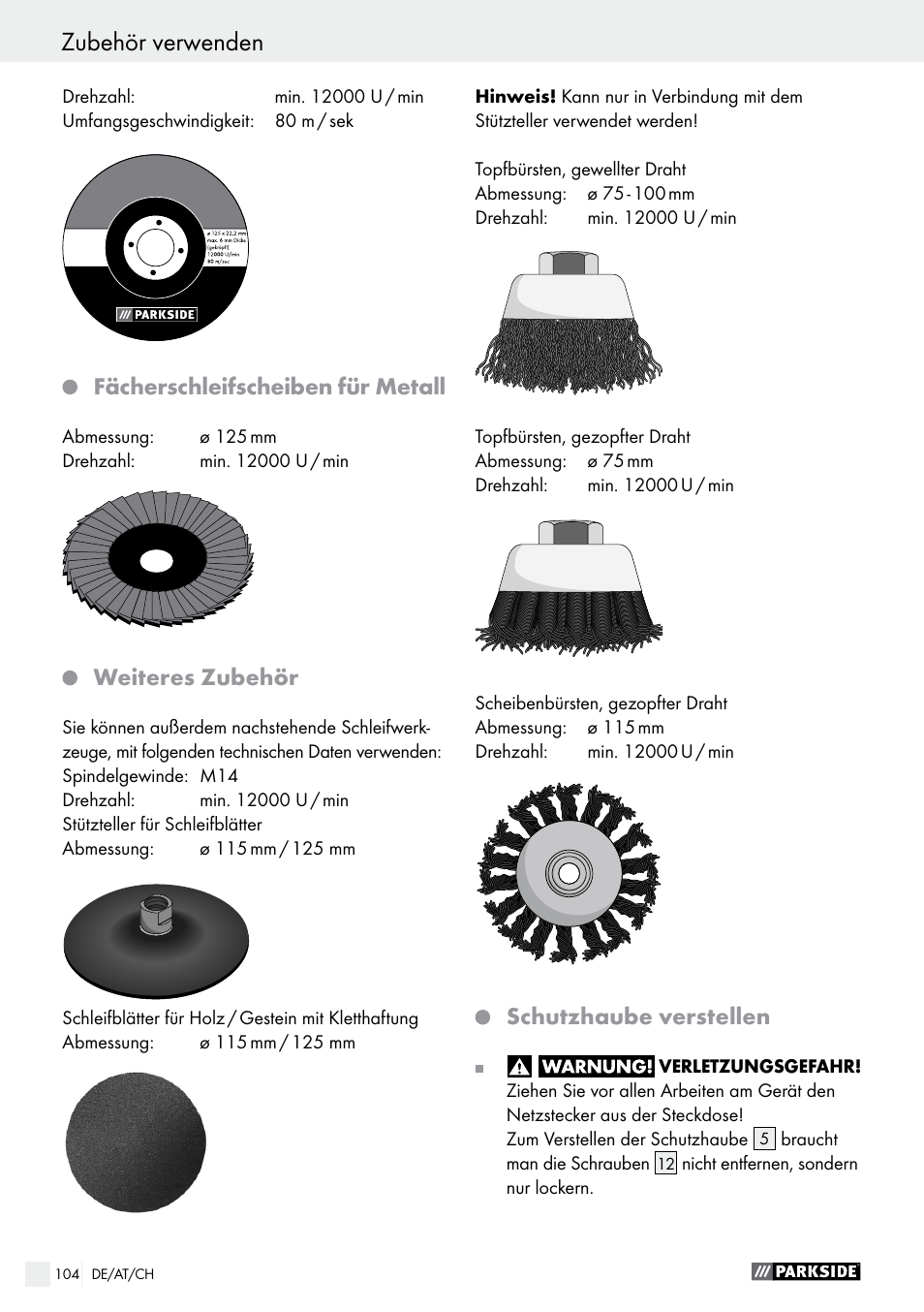 Fächerschleifscheiben für metall, Weiteres zubehör, Schutzhaube verstellen | Parkside PWS 125 A1 User Manual | Page 104 / 108