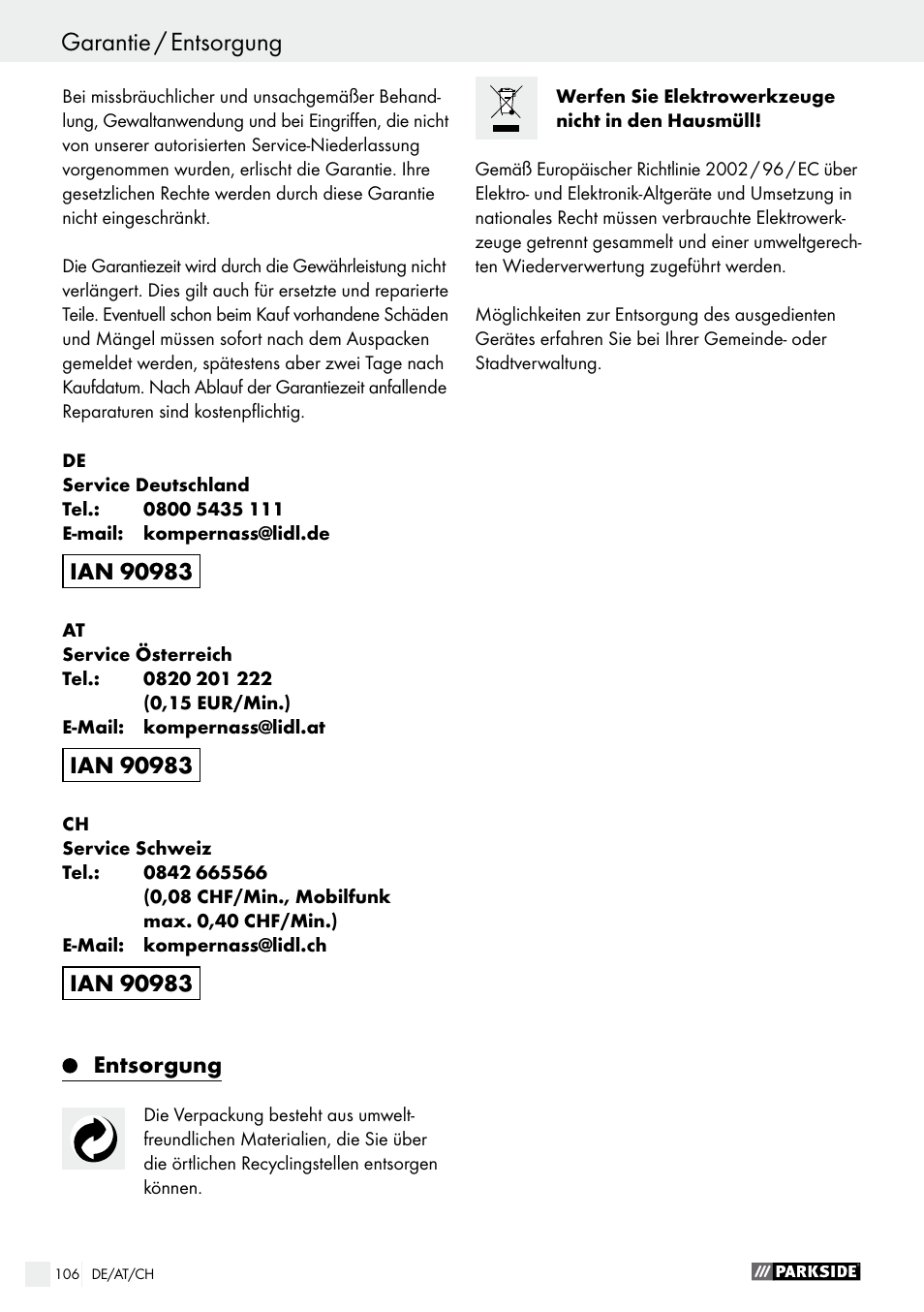 Parkside PWS 125 A1 User Manual | Page 106 / 108