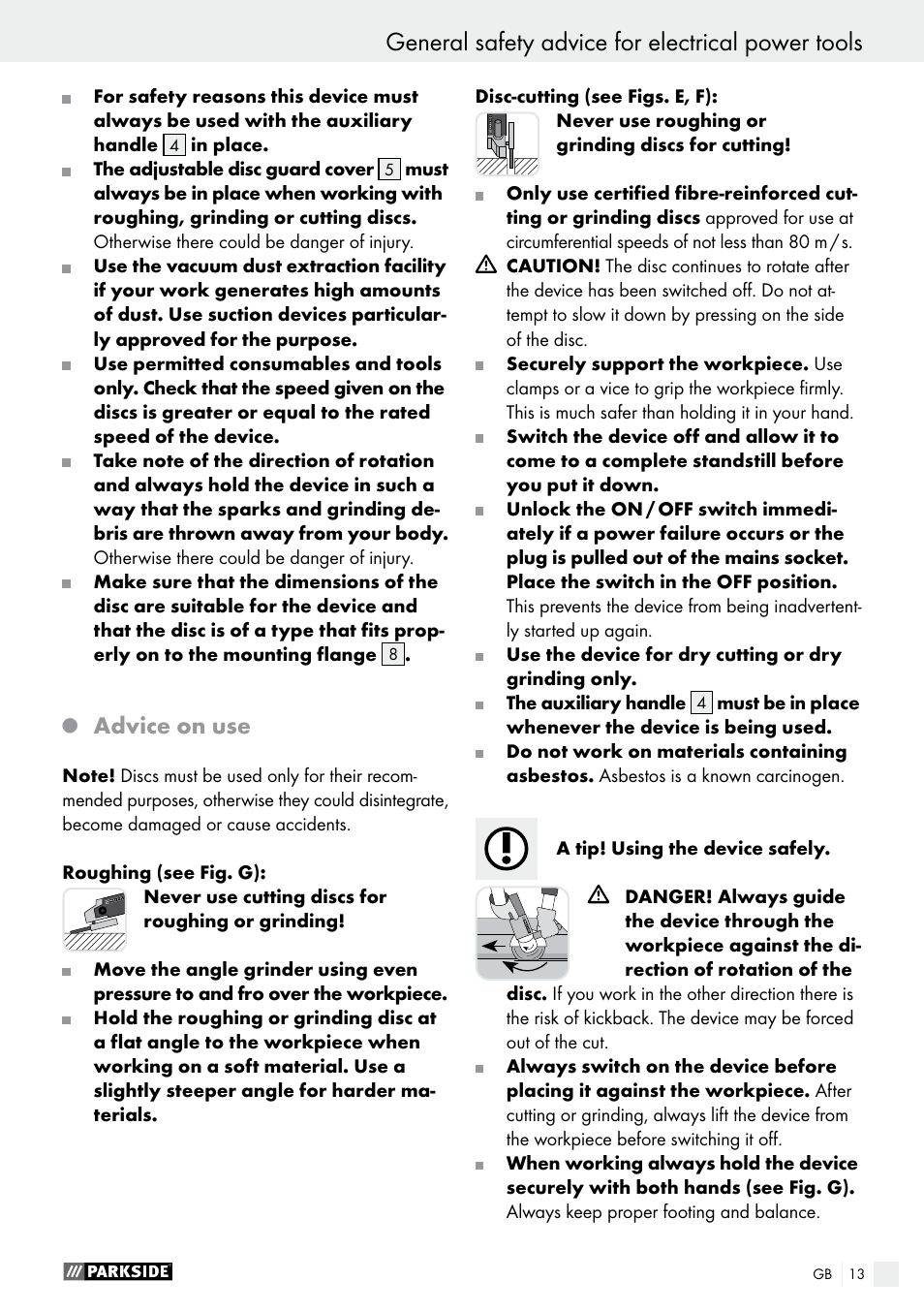 General safety advice for electrical power tools, Advice on use | Parkside PWS 125 A1 User Manual | Page 13 / 108