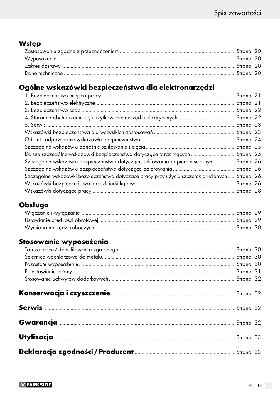 Spis zawartości, Declaration of conformity / manufacturer | Parkside PWS 125 A1 User Manual | Page 19 / 108