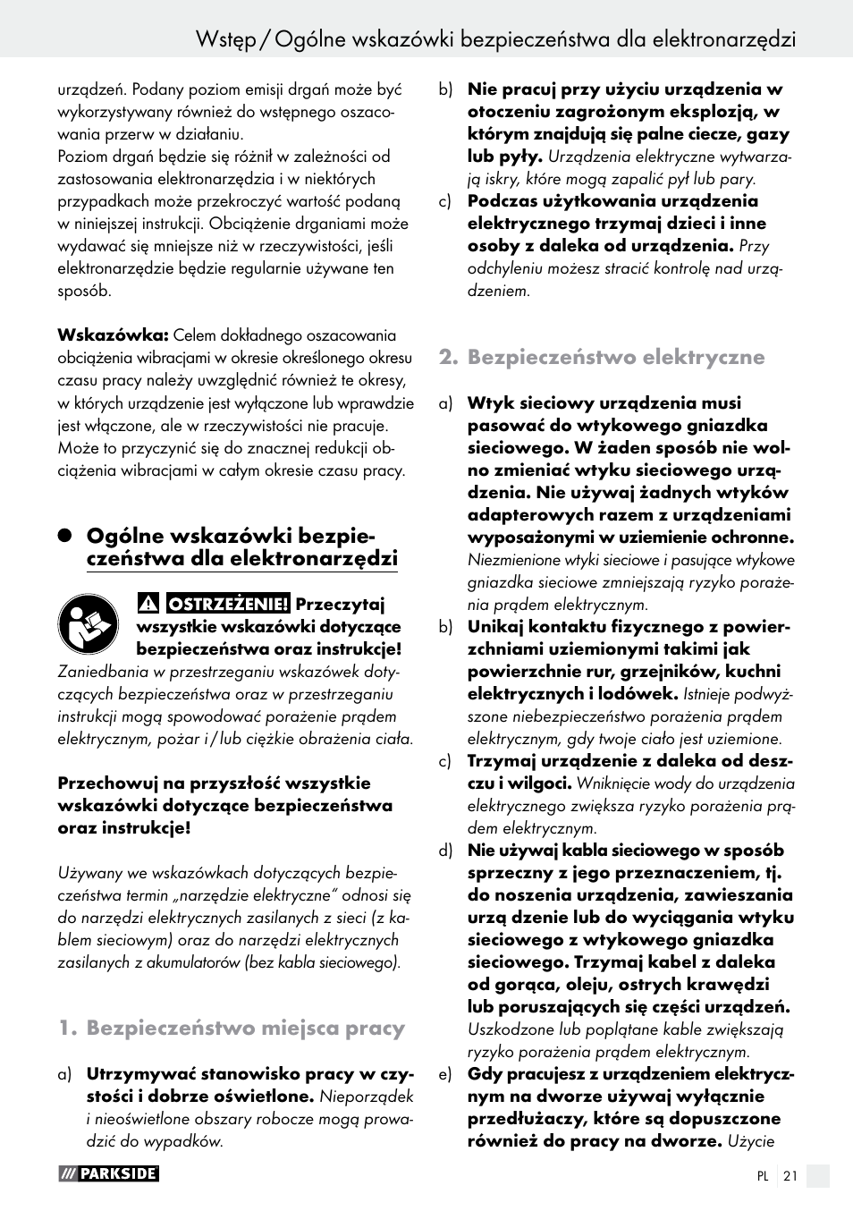 Bezpieczeństwo miejsca pracy, Bezpieczeństwo elektryczne | Parkside PWS 125 A1 User Manual | Page 21 / 108