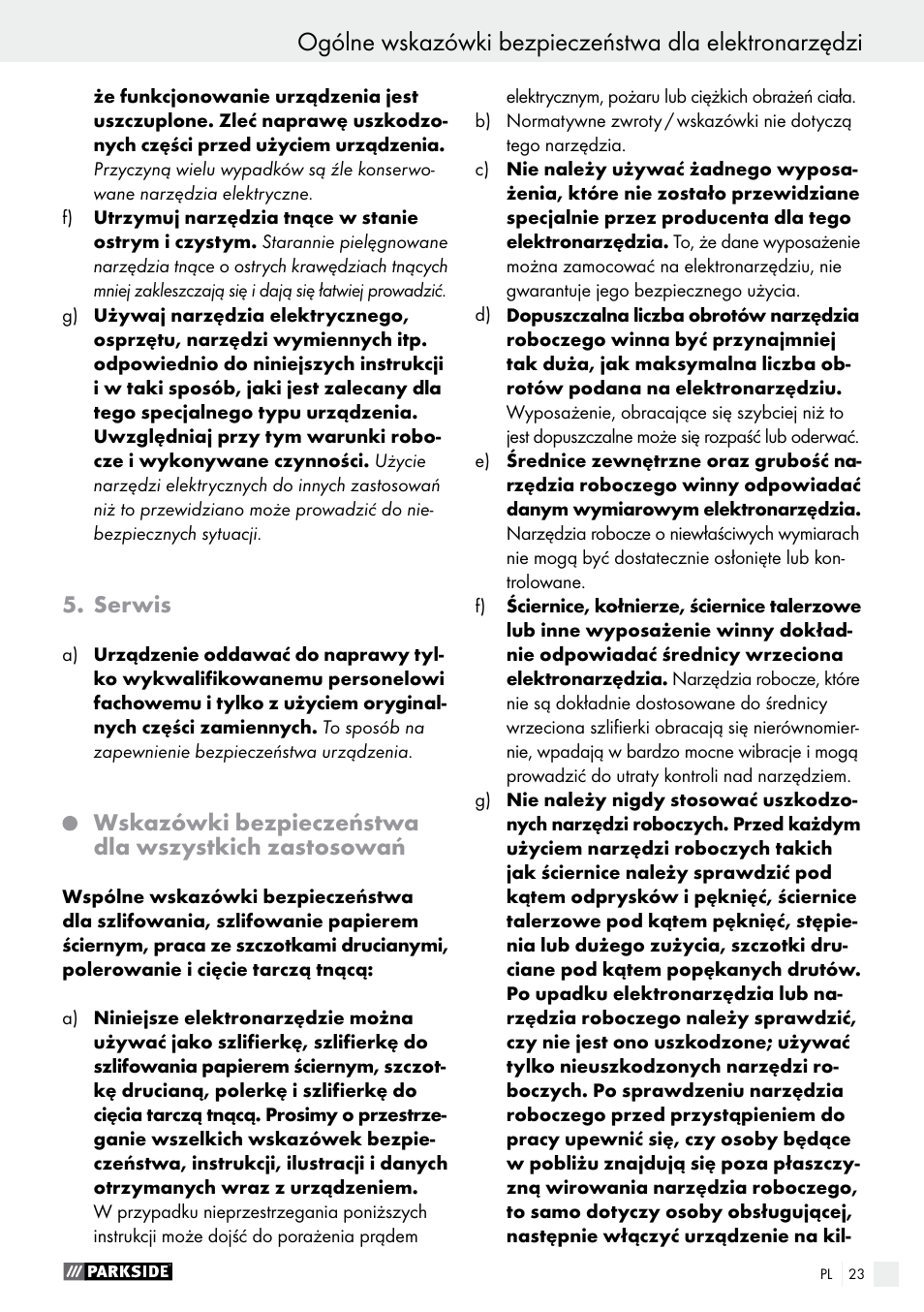 Serwis, Wskazówki bezpieczeństwa dla wszystkich zastosowań | Parkside PWS 125 A1 User Manual | Page 23 / 108