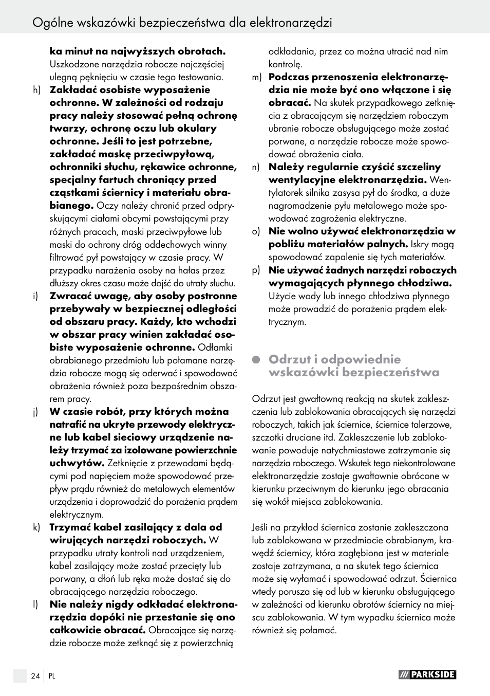Odrzut i odpowiednie wskazówki bezpieczeństwa | Parkside PWS 125 A1 User Manual | Page 24 / 108