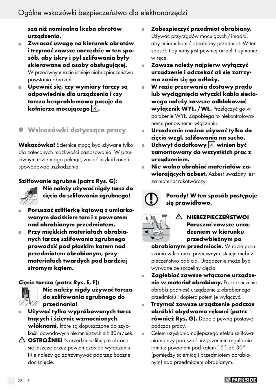Wskazówki dotyczące pracy | Parkside PWS 125 A1 User Manual | Page 28 / 108