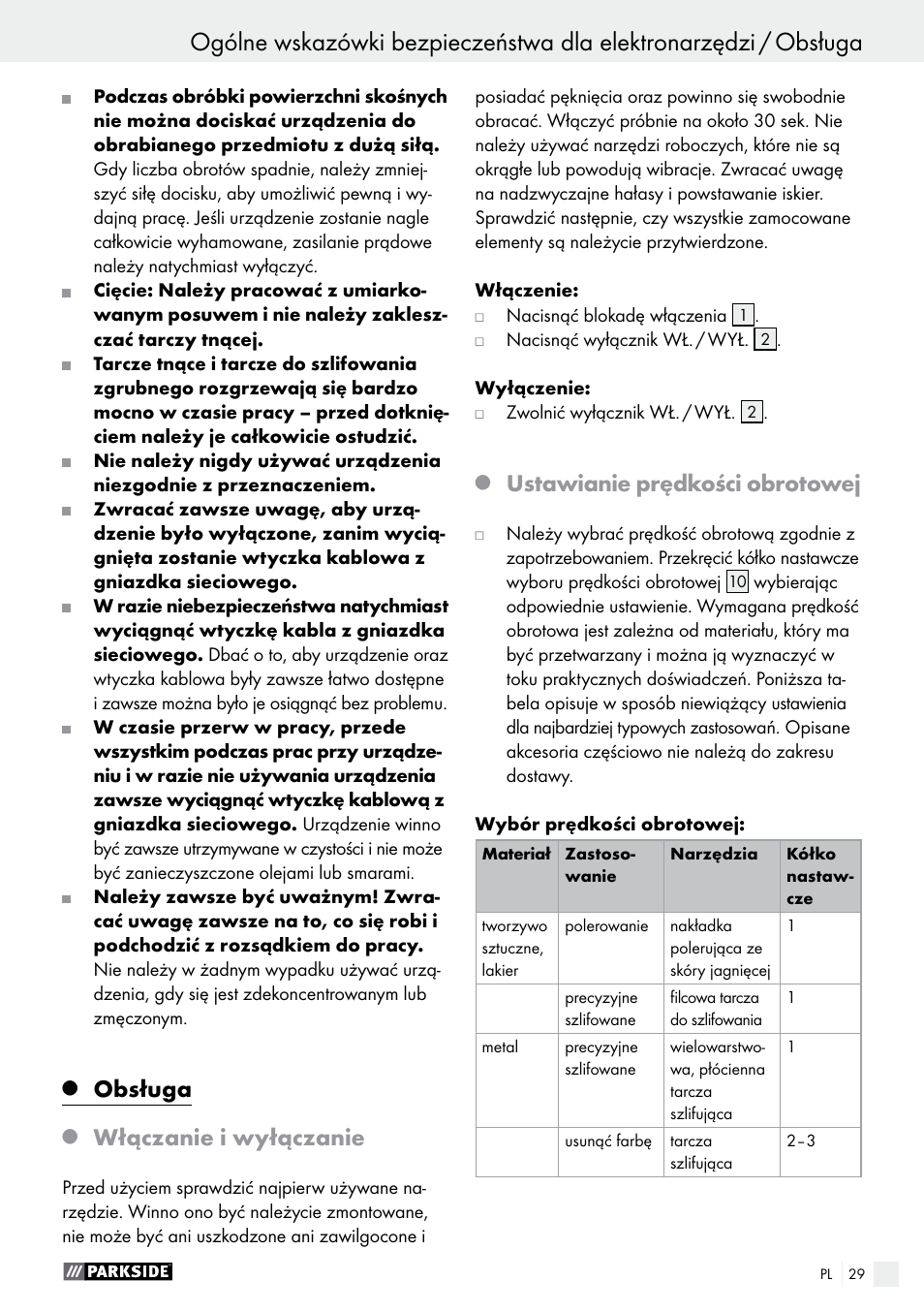 Obsługa, Włączanie i wyłączanie, Ustawianie prędkości obrotowej | Parkside PWS 125 A1 User Manual | Page 29 / 108