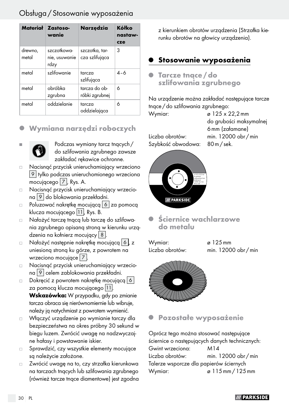 Obsługa / stosowanie wyposażenia, Wymiana narzędzi roboczych, Stosowanie wyposażenia | Tarcze tnące / do szlifowania zgrubnego, Ściernice wachlarzowe do metalu, Pozostałe wyposażenie | Parkside PWS 125 A1 User Manual | Page 30 / 108