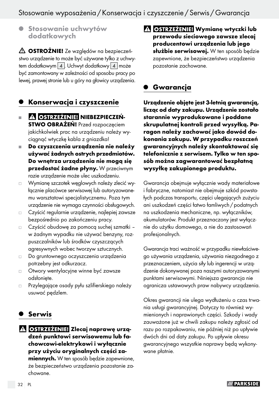 Stosowanie uchwytów dodatkowych, Konserwacja i czyszczenie, Serwis | Gwarancja | Parkside PWS 125 A1 User Manual | Page 32 / 108