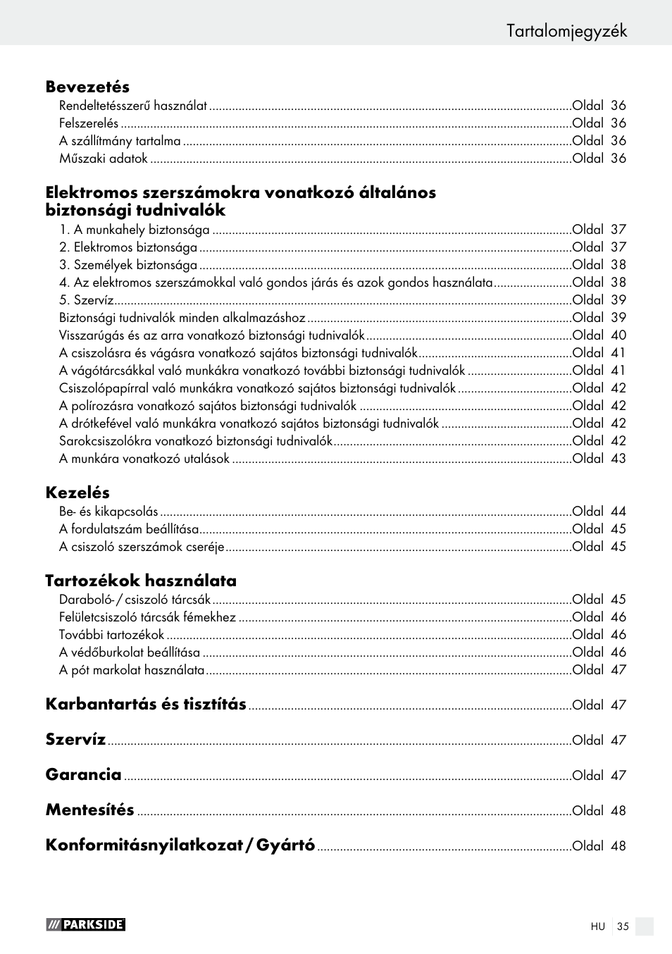 Tartalomjegyzék | Parkside PWS 125 A1 User Manual | Page 35 / 108