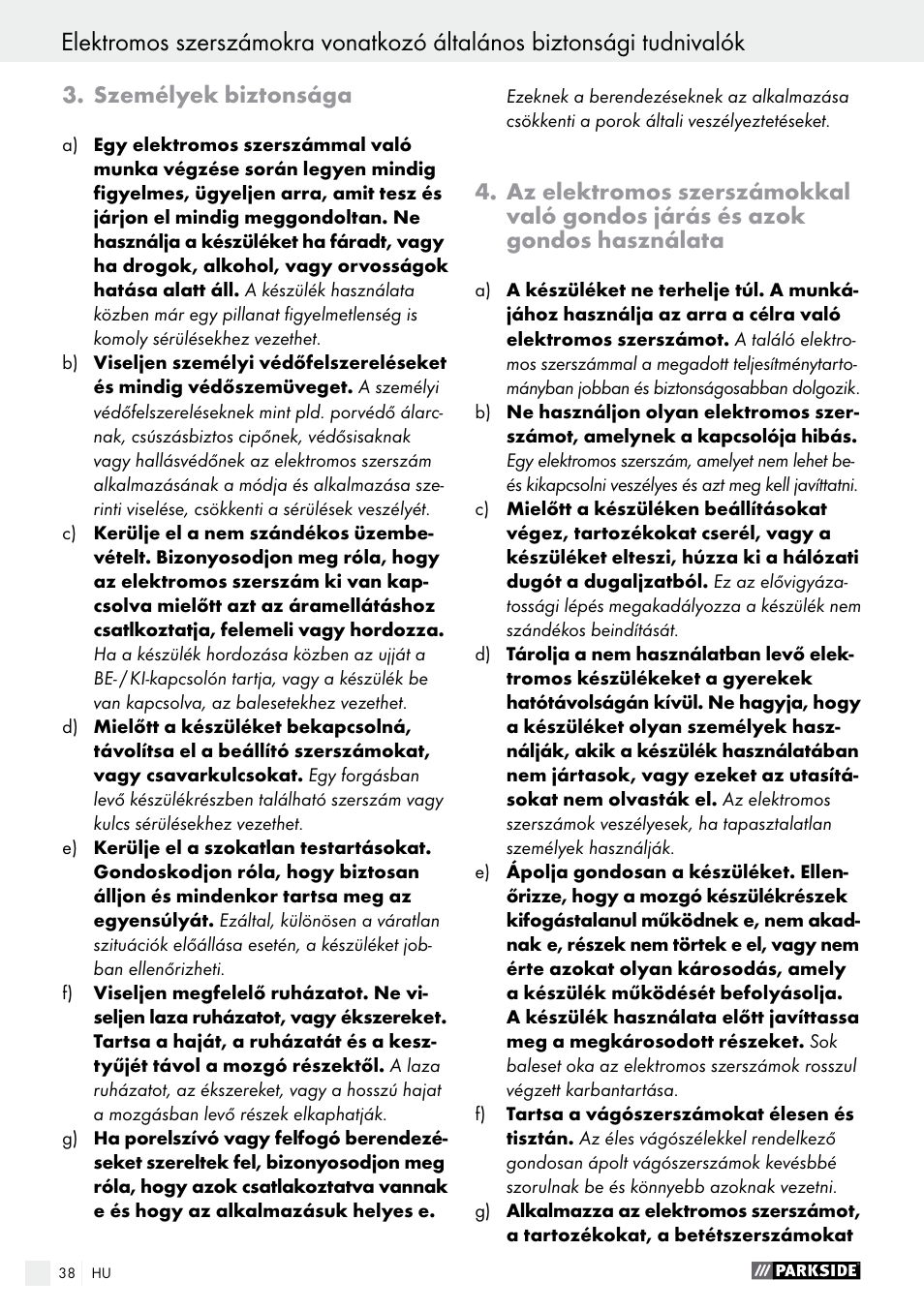 Személyek biztonsága | Parkside PWS 125 A1 User Manual | Page 38 / 108