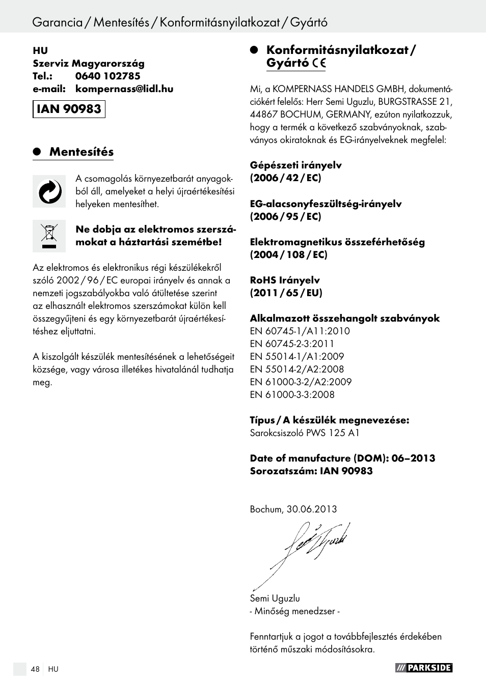 Kazalo, Mentesítés, Konformitásnyilatkozat / gyártó | Parkside PWS 125 A1 User Manual | Page 48 / 108