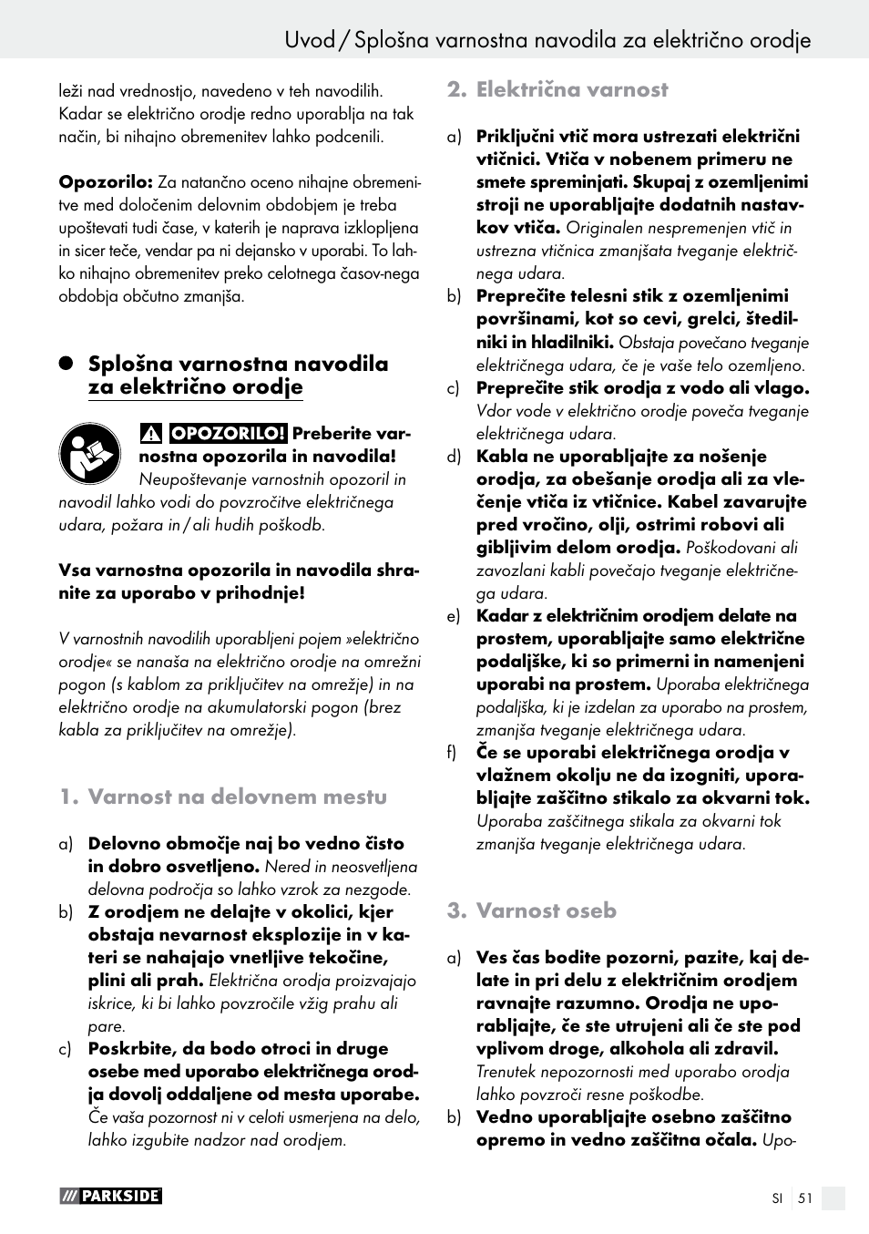 Splošna varnostna navodila za električno orodje, Varnost na delovnem mestu, Električna varnost | Varnost oseb | Parkside PWS 125 A1 User Manual | Page 51 / 108