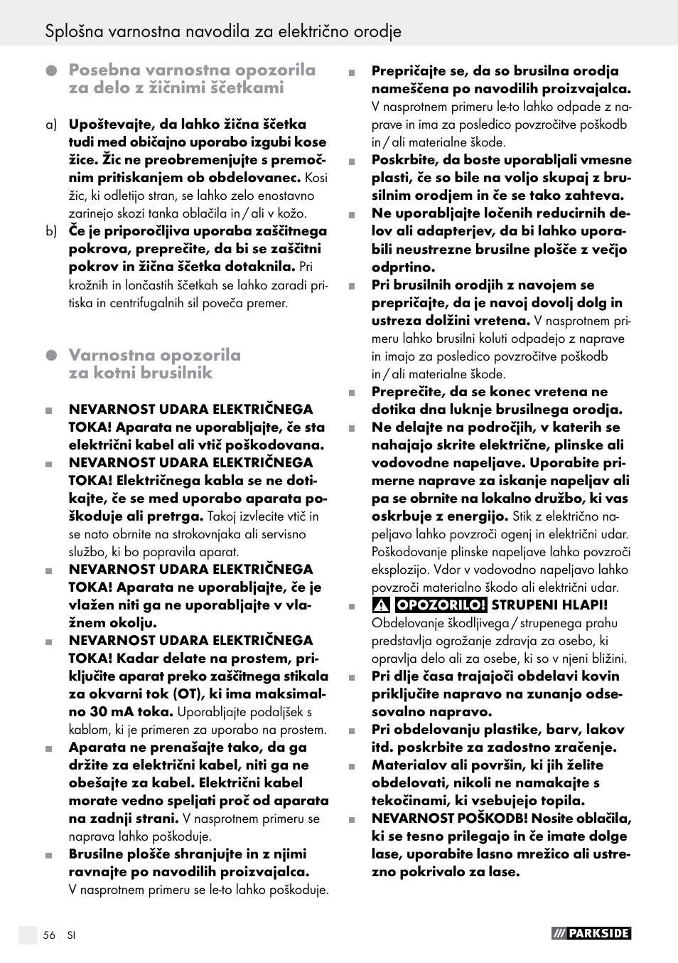 Splošna varnostna navodila za električno orodje, Varnostna opozorila za kotni brusilnik | Parkside PWS 125 A1 User Manual | Page 56 / 108