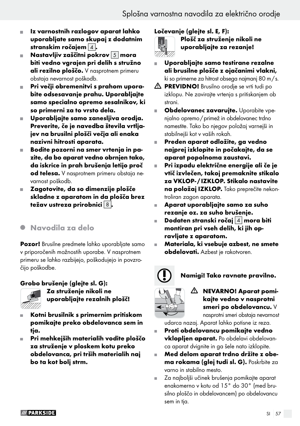 Splošna varnostna navodila za električno orodje, Navodila za delo | Parkside PWS 125 A1 User Manual | Page 57 / 108