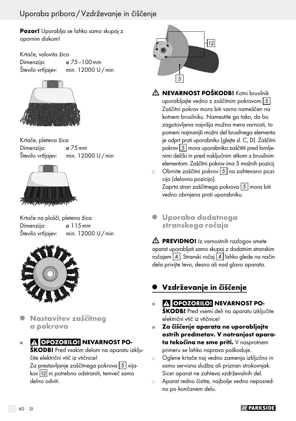 Nastavitev zaščitneg a pokrova, Uporaba dodatnega stranskega ročaja, Vzdrževanje in čiščenje | Parkside PWS 125 A1 User Manual | Page 60 / 108
