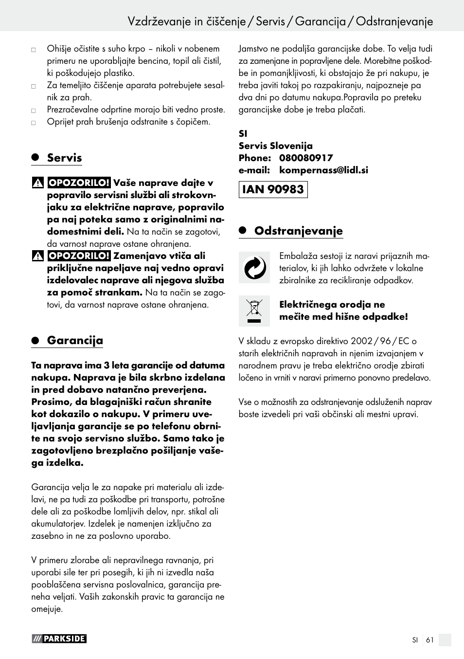 Servis, Garancija, Odstranjevanje | Parkside PWS 125 A1 User Manual | Page 61 / 108