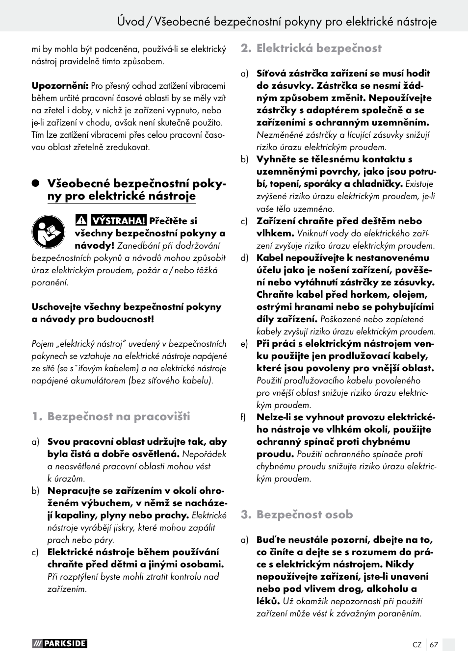 Bezpečnost na pracovišti, Elektrická bezpečnost, Bezpečnost osob | Parkside PWS 125 A1 User Manual | Page 67 / 108