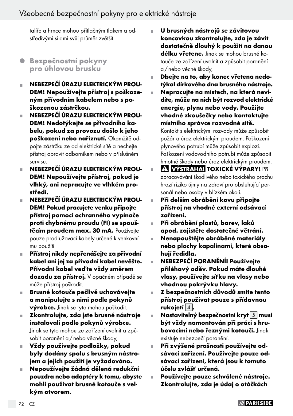 Bezpečnostní pokyny pro úhlovou brusku | Parkside PWS 125 A1 User Manual | Page 72 / 108