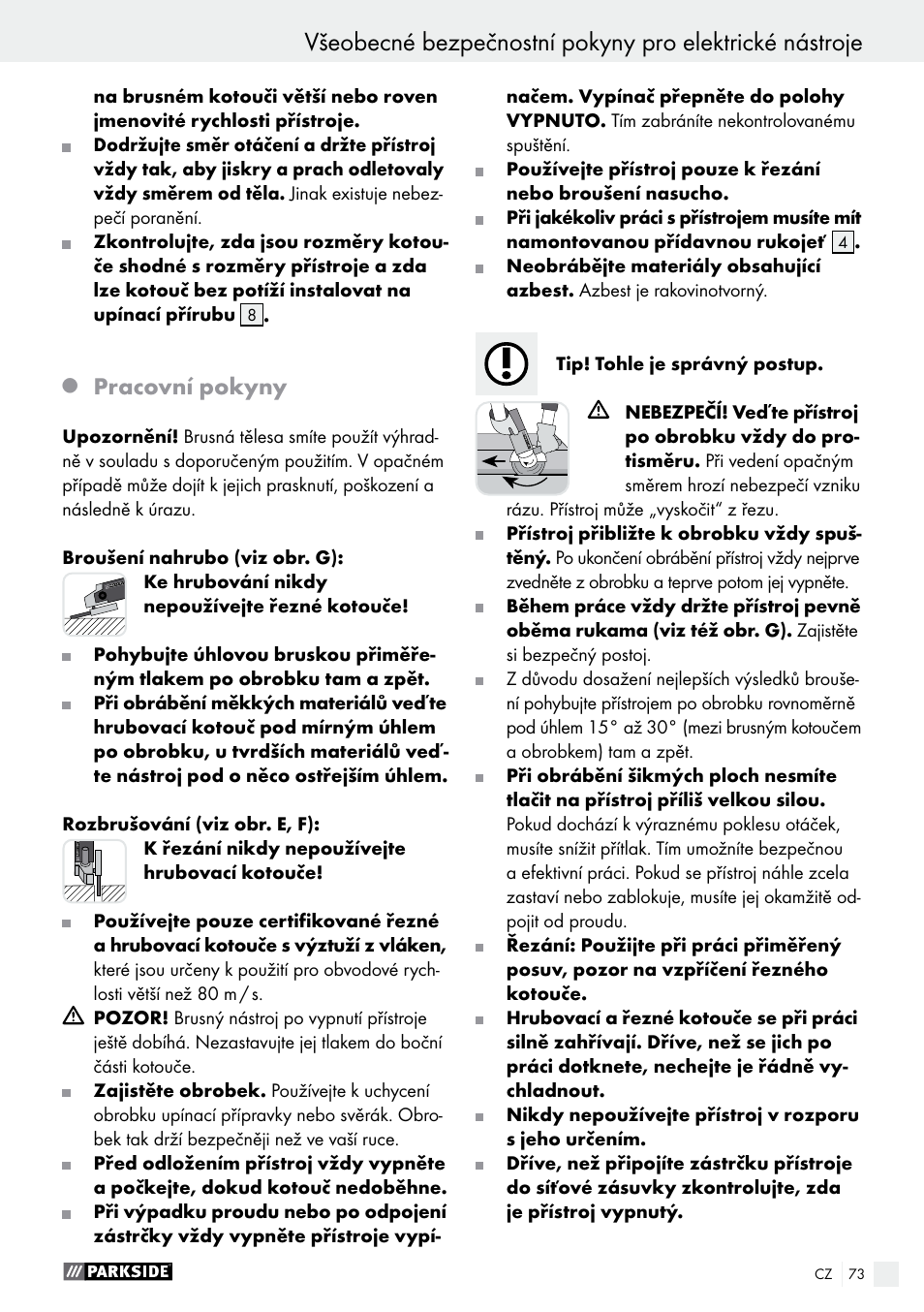 Pracovní pokyny | Parkside PWS 125 A1 User Manual | Page 73 / 108