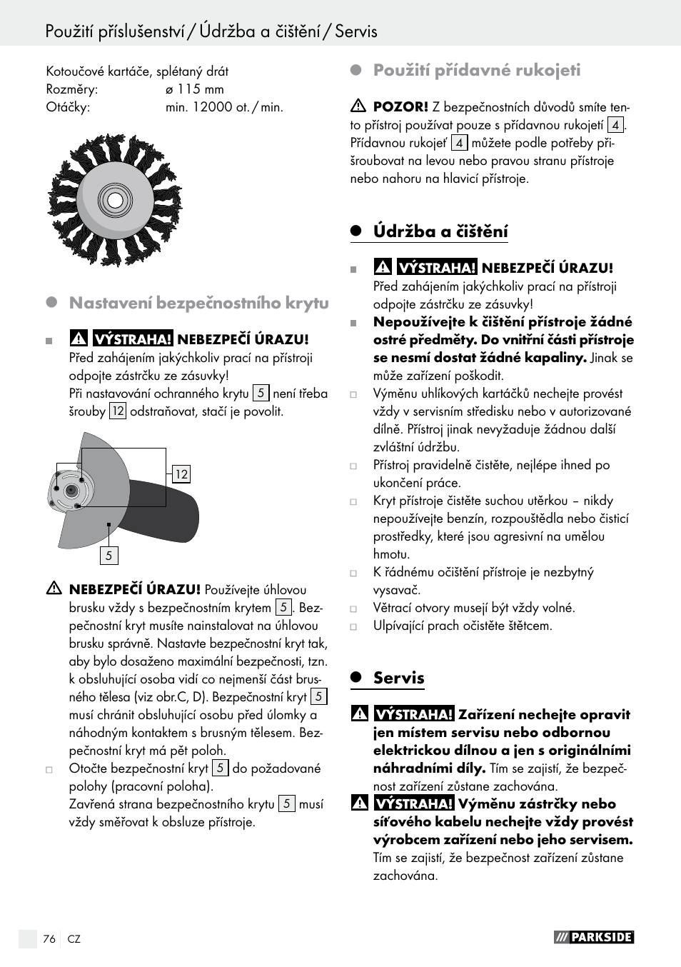 Nastavení bezpečnostního krytu, Použití přídavné rukojeti, Údržba a čištění | Servis | Parkside PWS 125 A1 User Manual | Page 76 / 108
