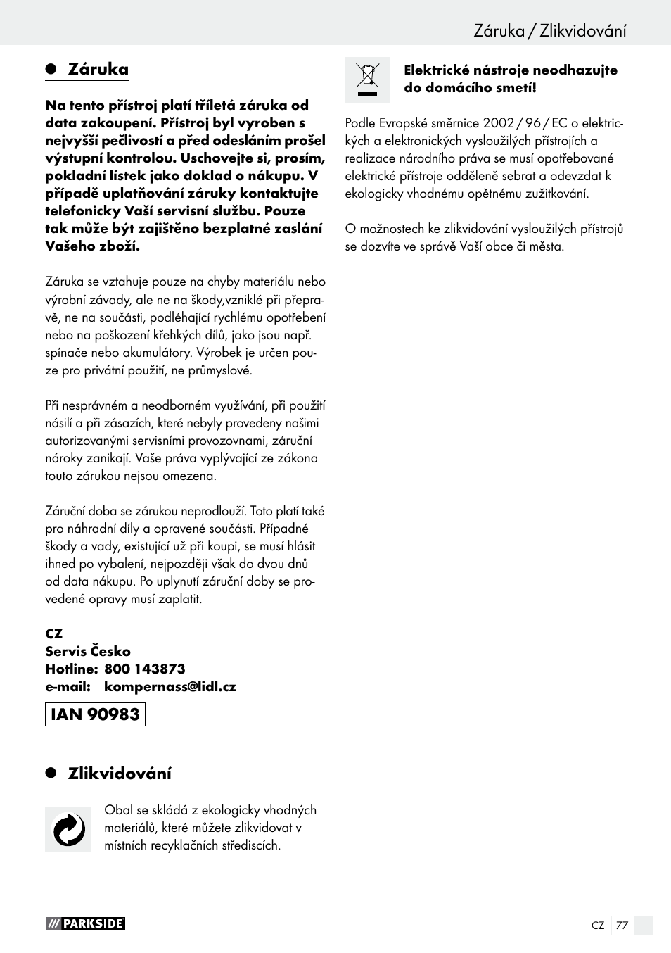 Záruka, Zlikvidování | Parkside PWS 125 A1 User Manual | Page 77 / 108